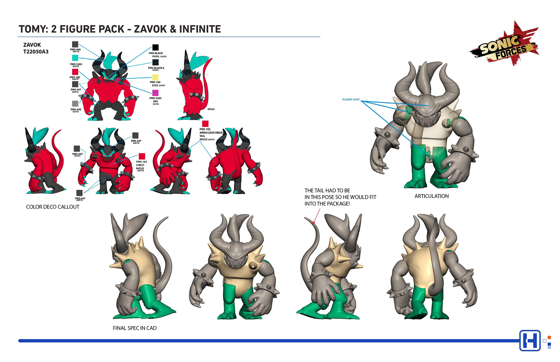 TOMY SEGA Sonic Forces action figure featuring Zavok turns, color and material callout, articulation details and CAD turns.
