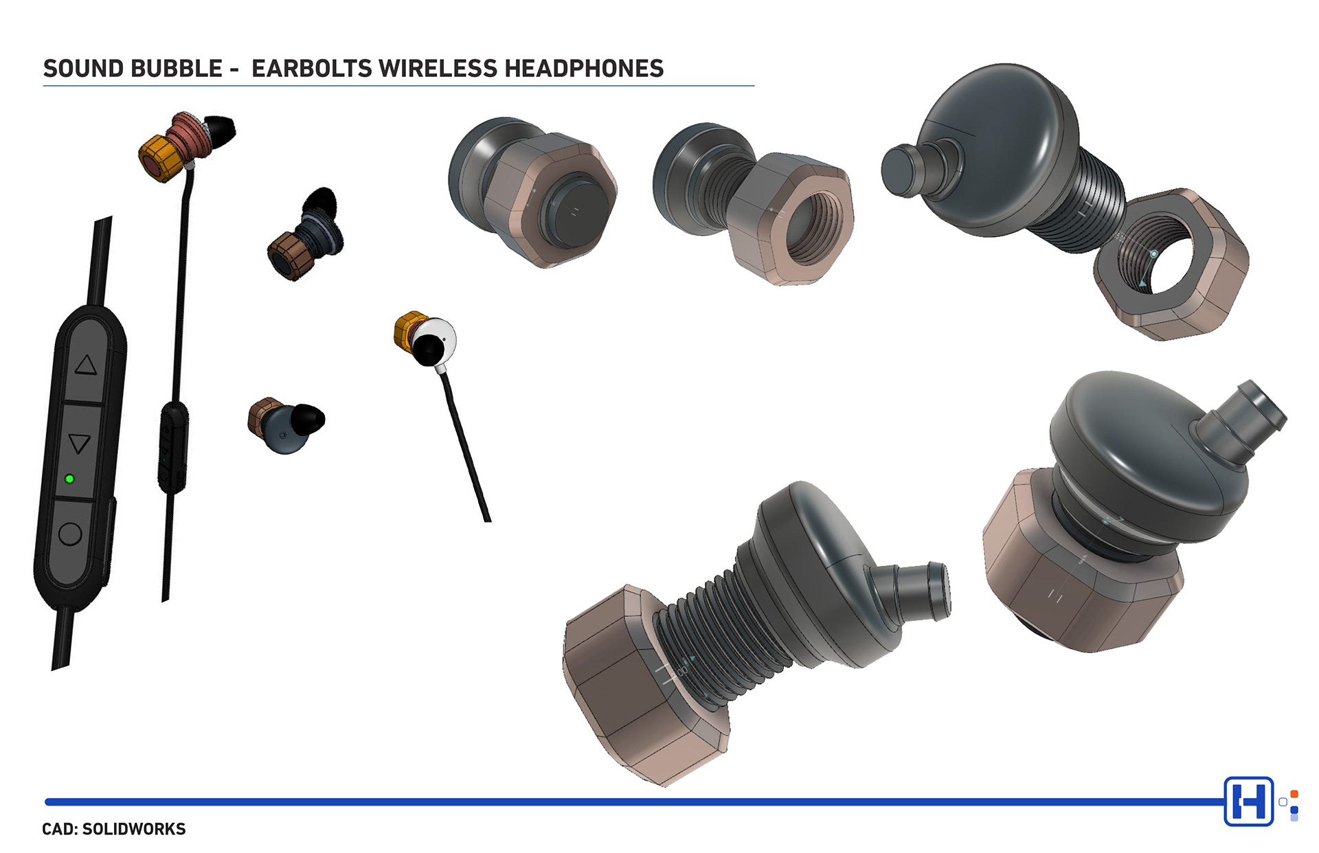 Earbolt featuring multi views of the earbolt that was built using CAD Autodesk Fusion 360