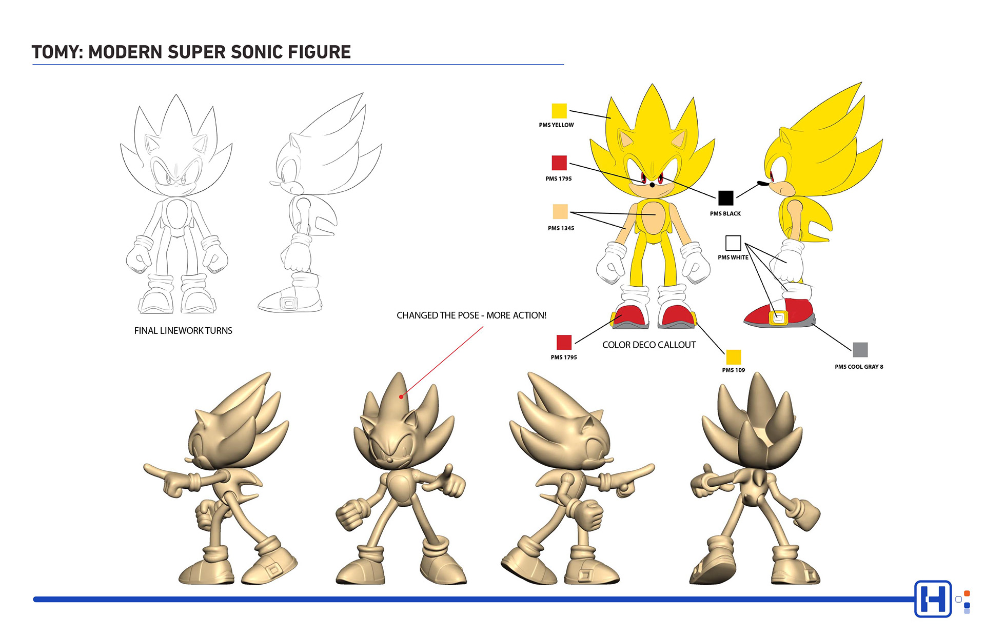 TOMY SEGA Sonic action figure featuring modern Super Sonic turns, color callout and CAD model