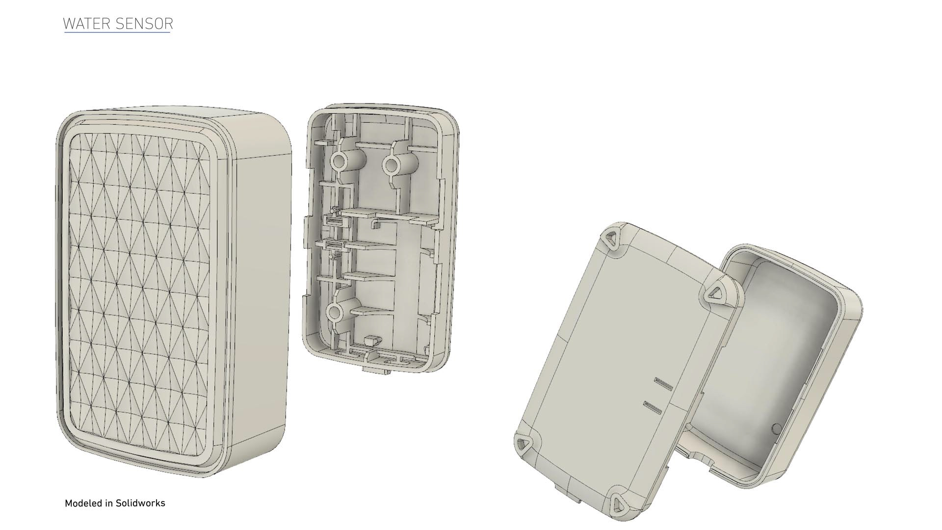 PEQ home security sensors featuring SolidWorks CAD Model of the water sensor