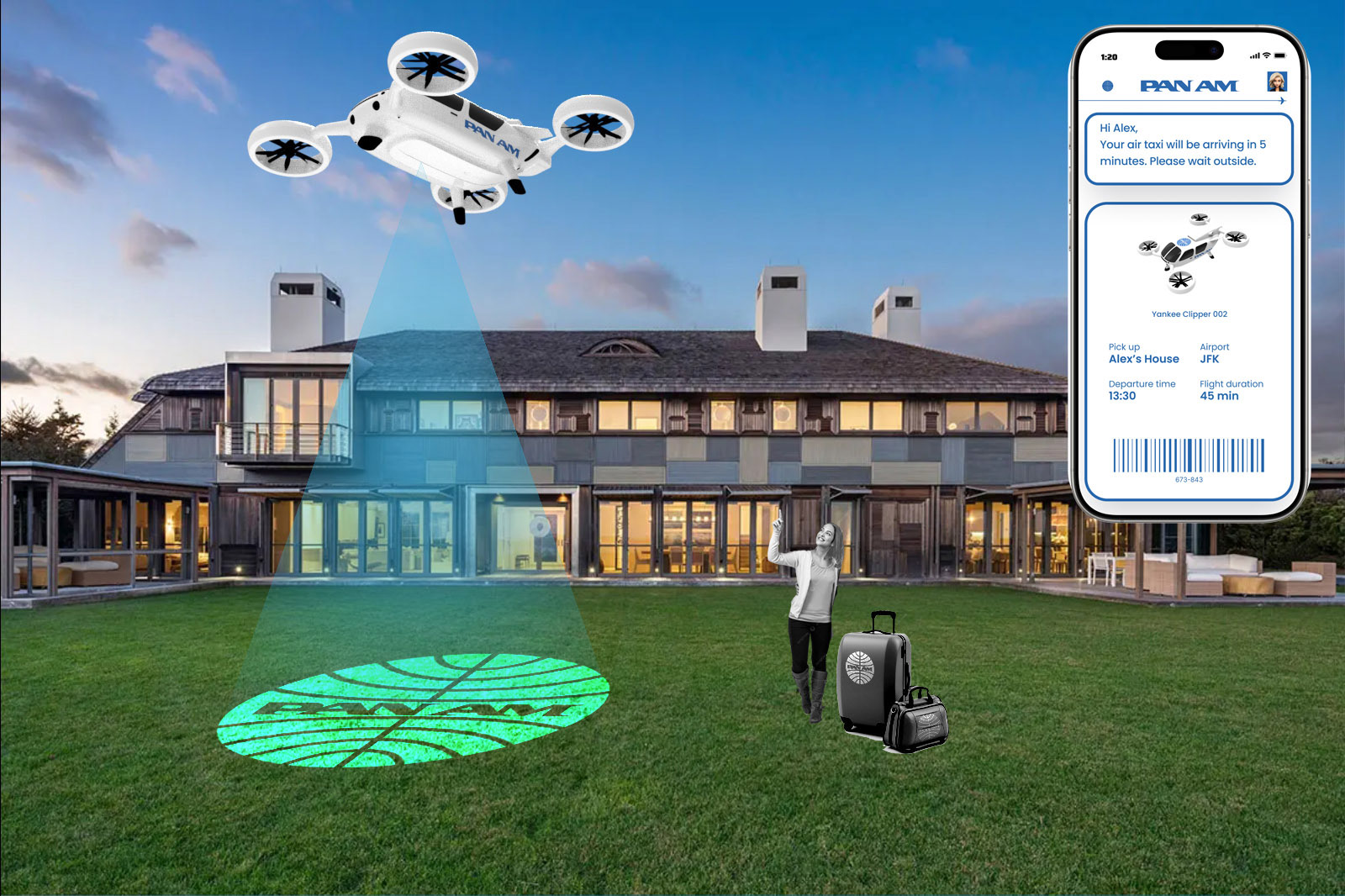 Pan Am premium travel concept featuring air taxi pickup service