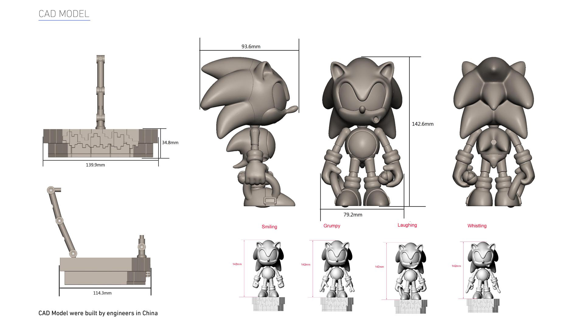 TOMY SEGA Sonic Classic 1991 Ultimate Figure featuring the CAD model based on the 3.5 inch figure with dimensions of the figure and base