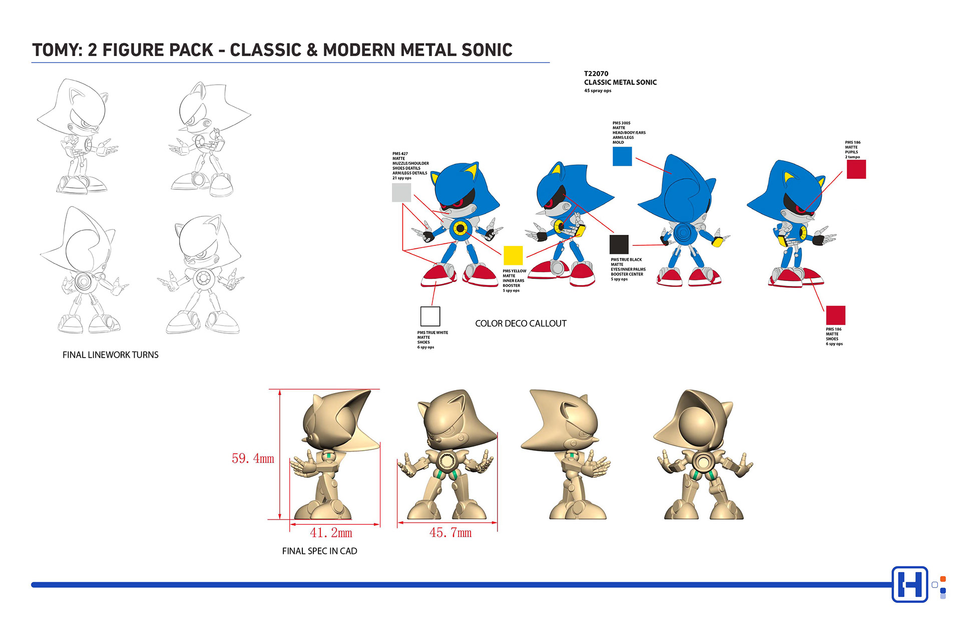 TOMY SEGA Sonic action figure featuring classic metal sonic turns, color callouts with CAD views
