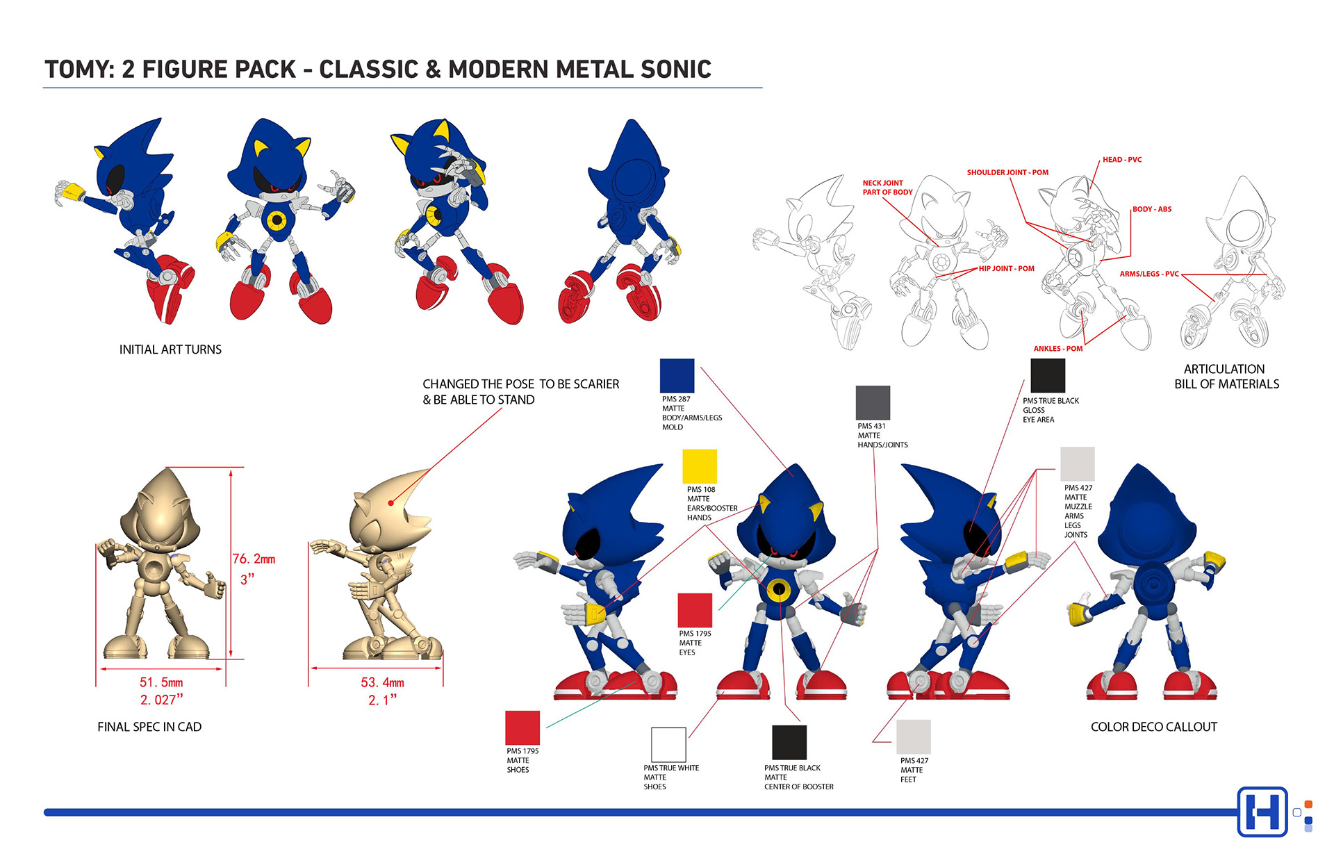 TOMY SEGA Sonic action figure featuring modern metal sonic turns, material callouts, color callouts, and CAD model