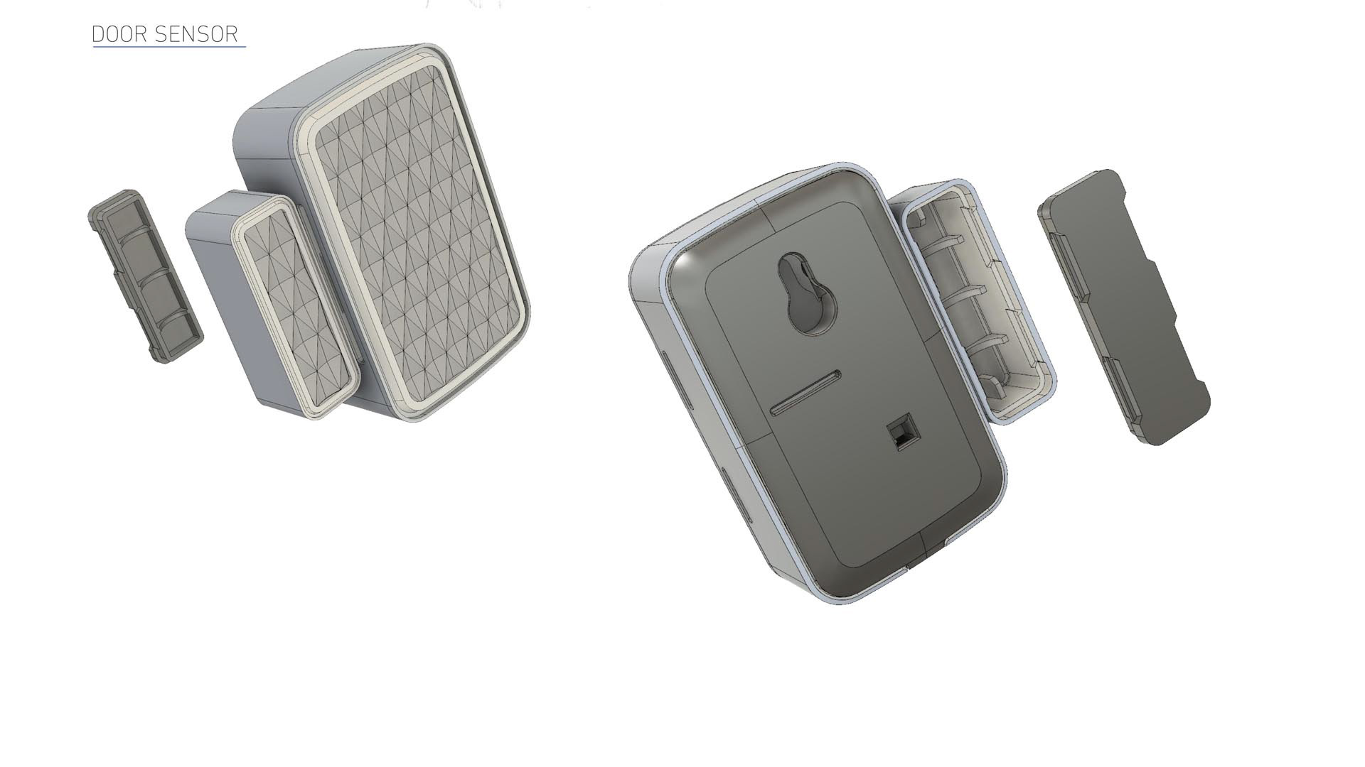 PEQ home security sensors featuring SolidWorks CAD model of the Door sensor