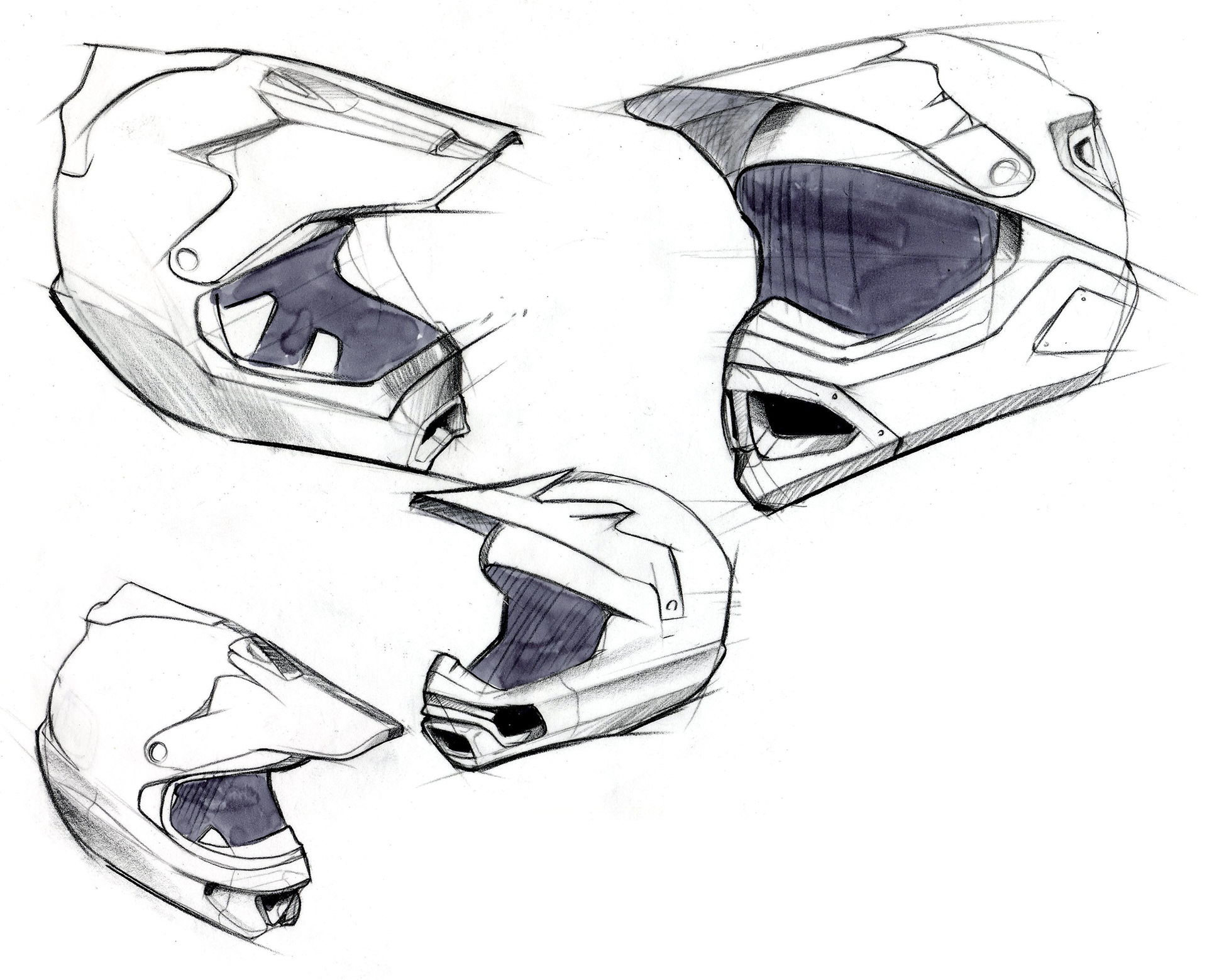Helmet design featuring a form study using prismacolor and marker of motorcross helmets 1