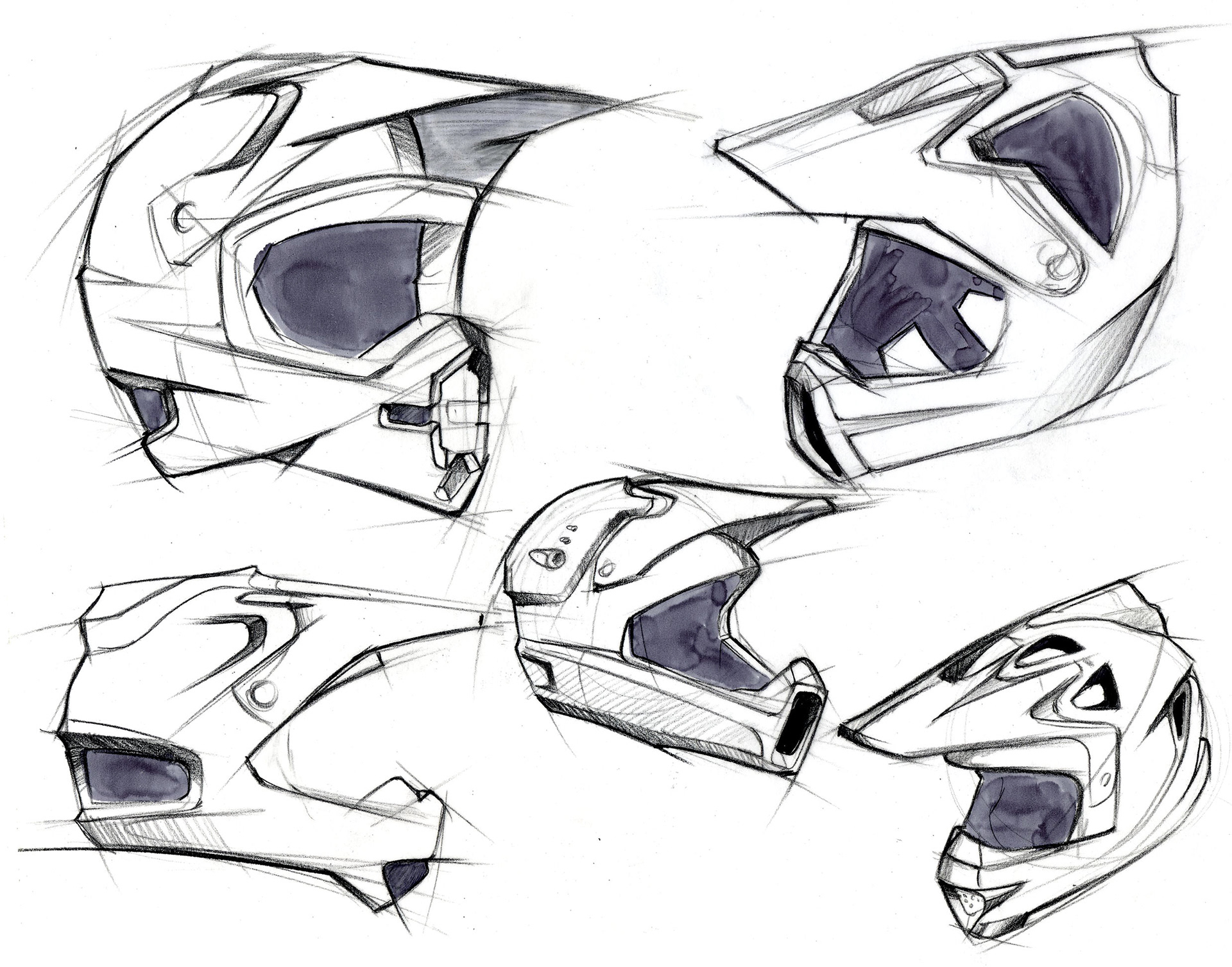 Helmet design featuring a form study using prismacolor and marker of motorcross helmets 2