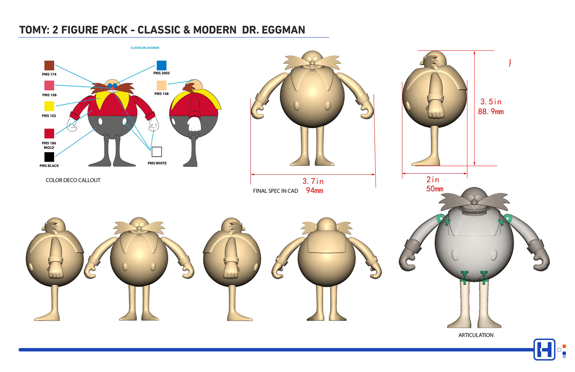 TOMY SEGA Sonic action figure featuring Classic Dr. Eggman color callout, CAD model and articulation