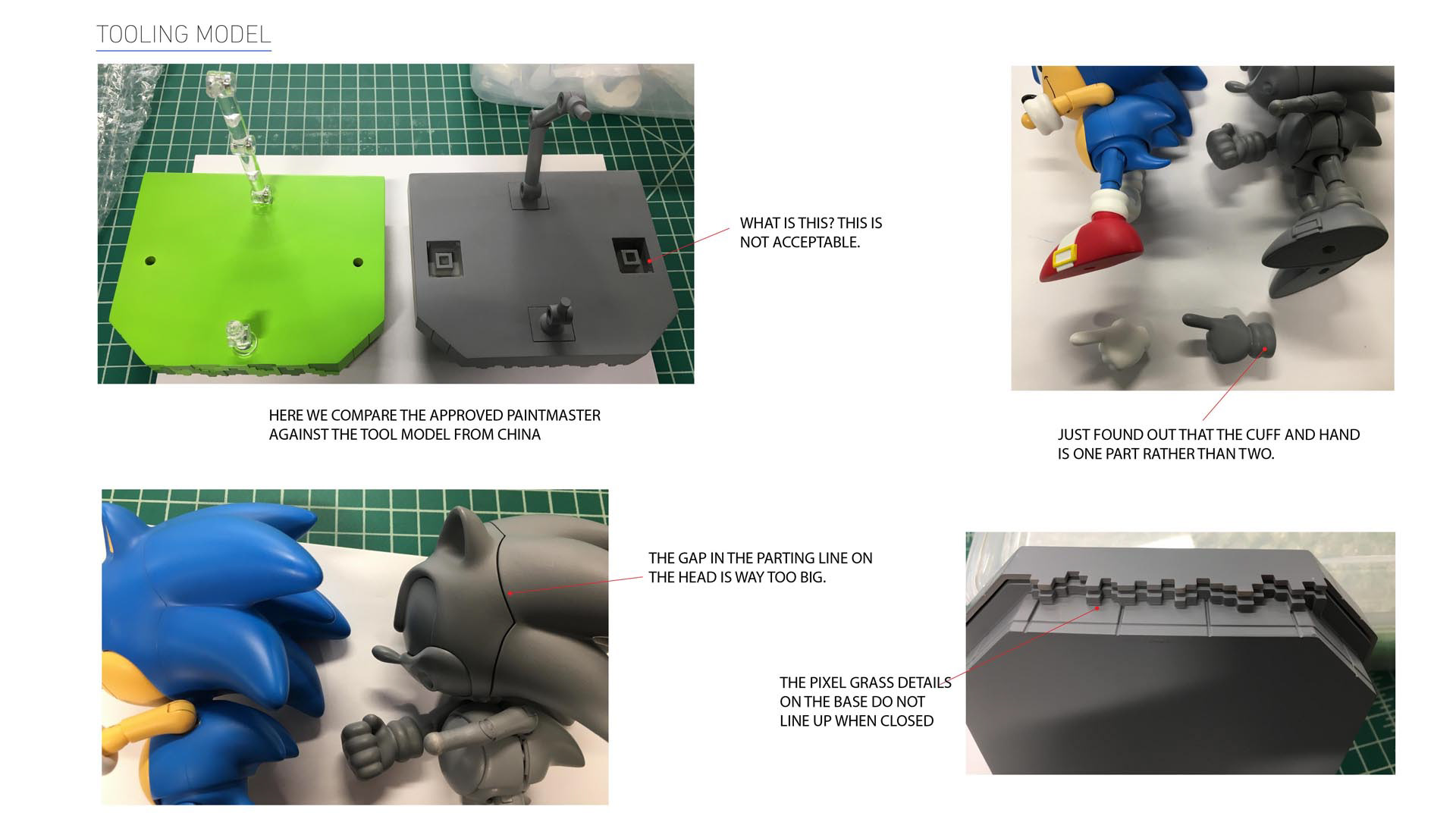 TOMY SEGA Sonic Classic 1991 Ultimate Figure featuring tooling models with photos highlighting errors that needs correcting
