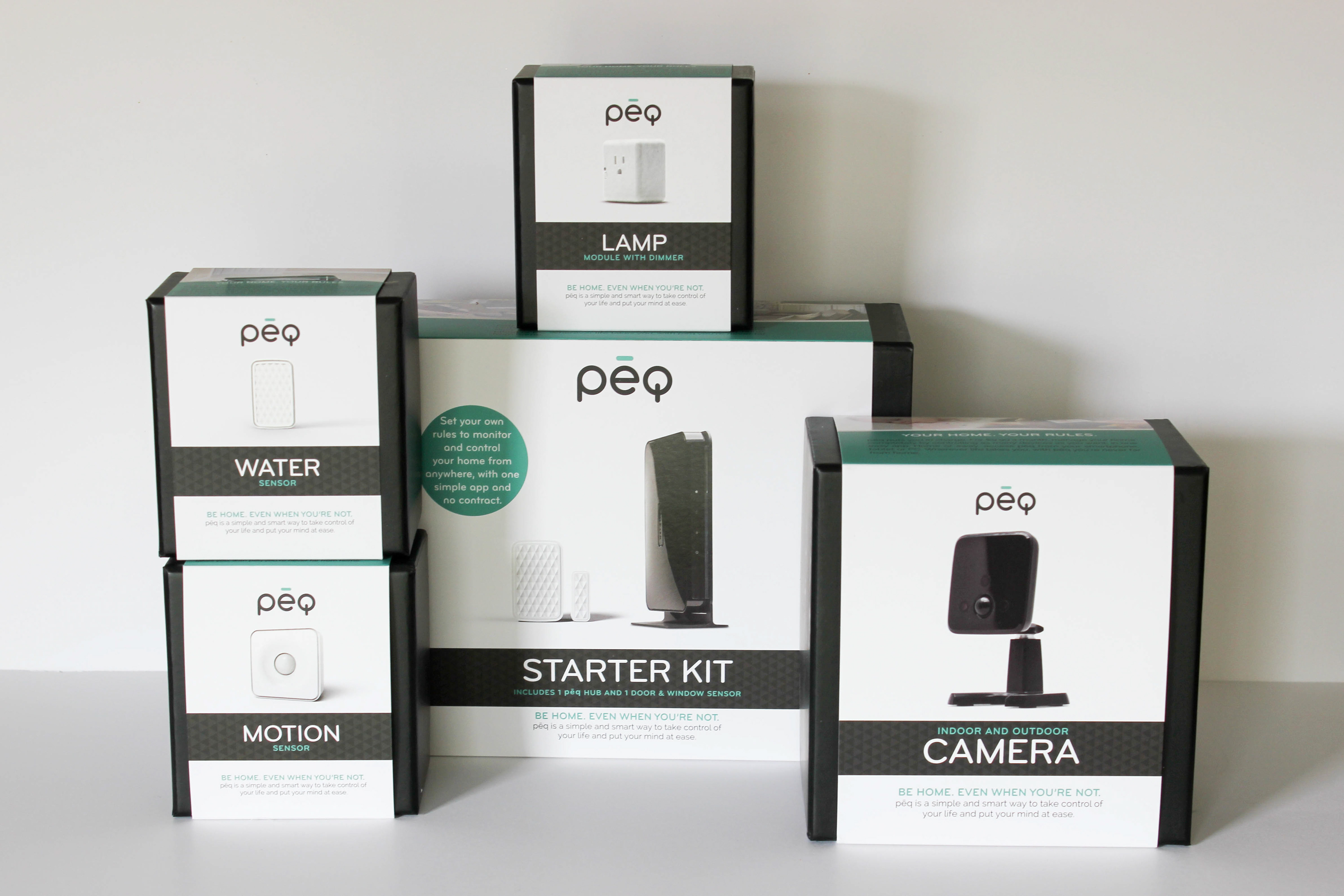 PEQ home security sensors featuring the packaging of all sensor sold in retail stores.