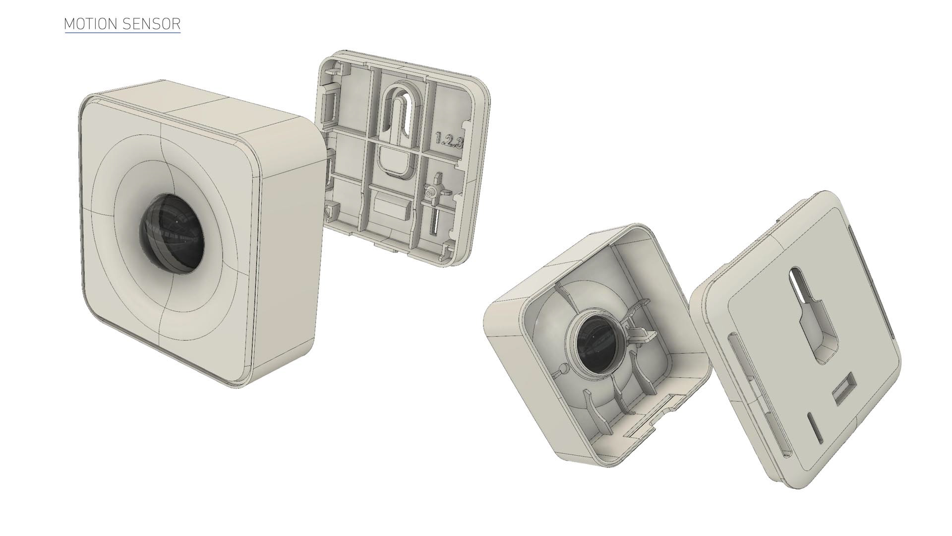 PEQ home security sensors featuring SolidWorks CAD model of the motion sensor