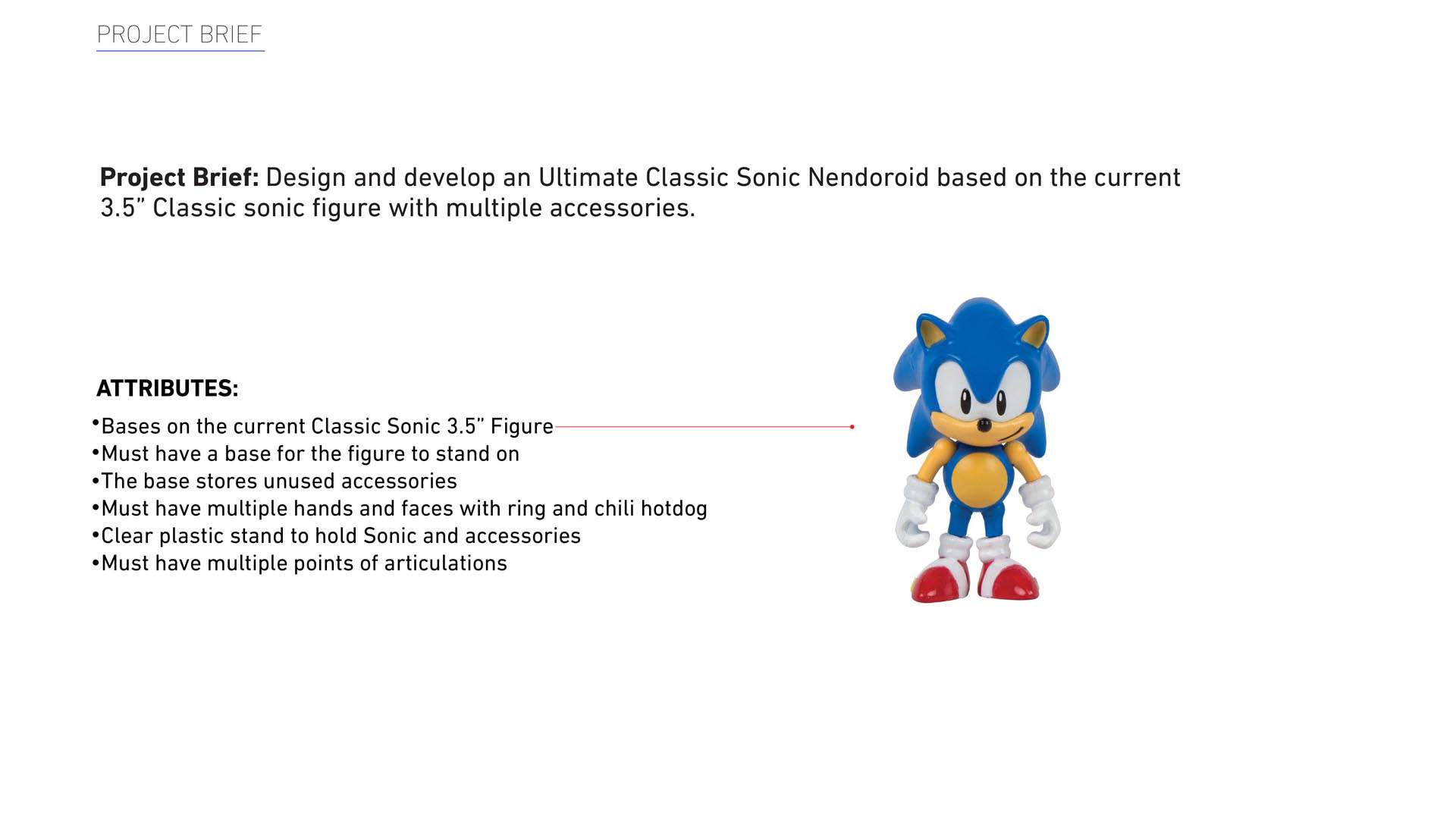 TOMY SEGA Sonic Classic 1991 Ultimate Figure featuring the project brief explaining the desired attributes