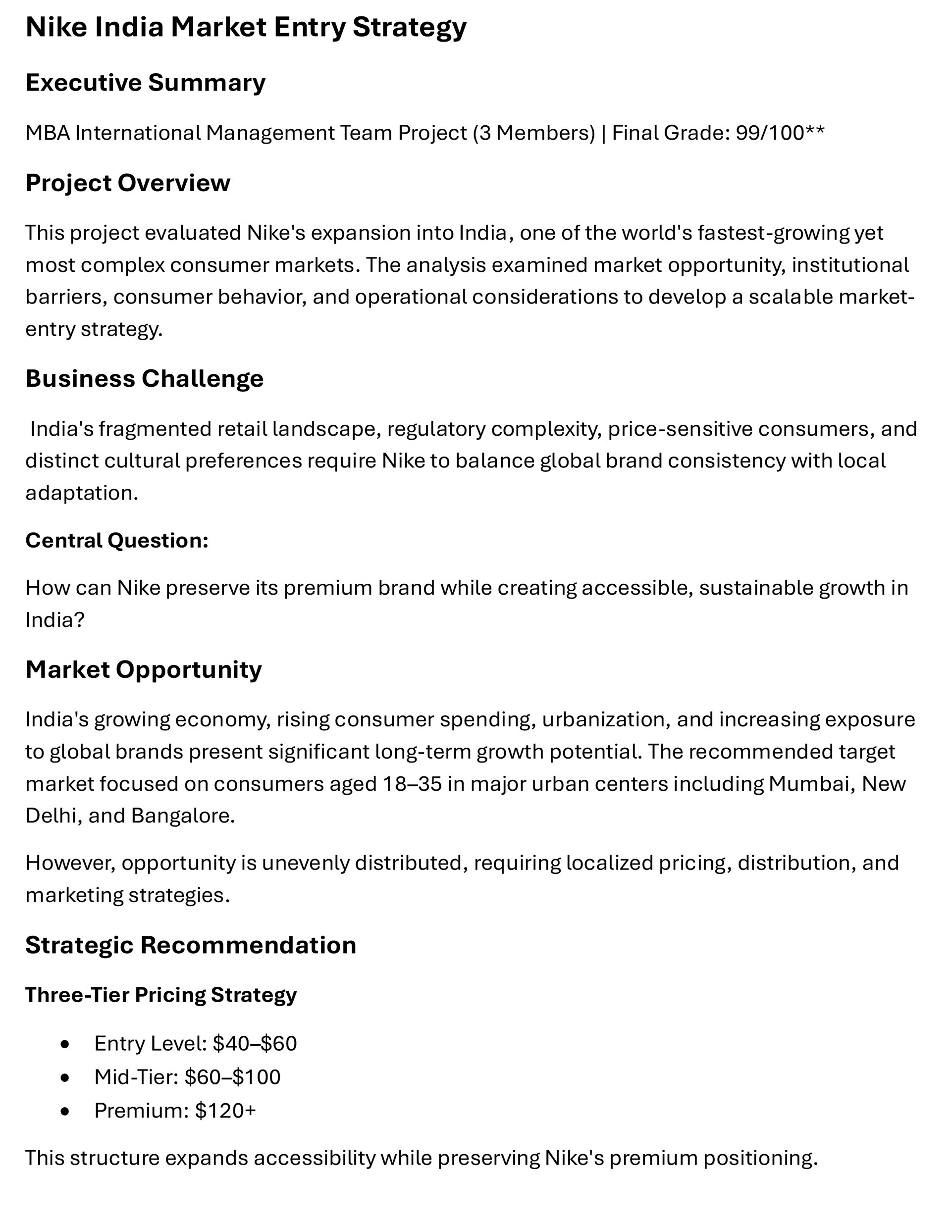Nike Indian Entry Strategy Summary page 1