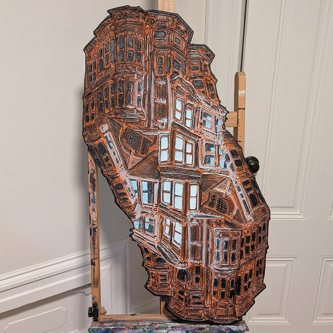 Oak & Divisadero, Acrylic and mixed media on wood, 24x37in, 2025