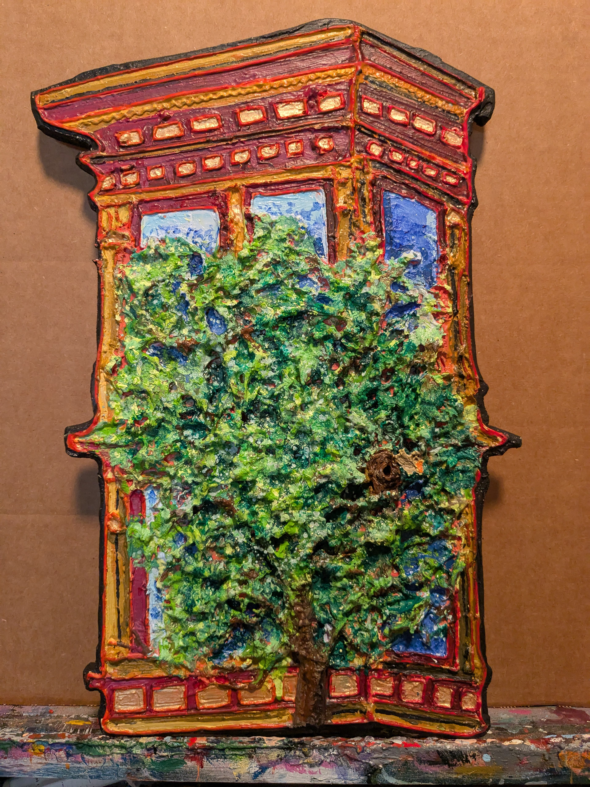 Room with a view, Acrylic and mixed media on wood, 10x16in, 2025
