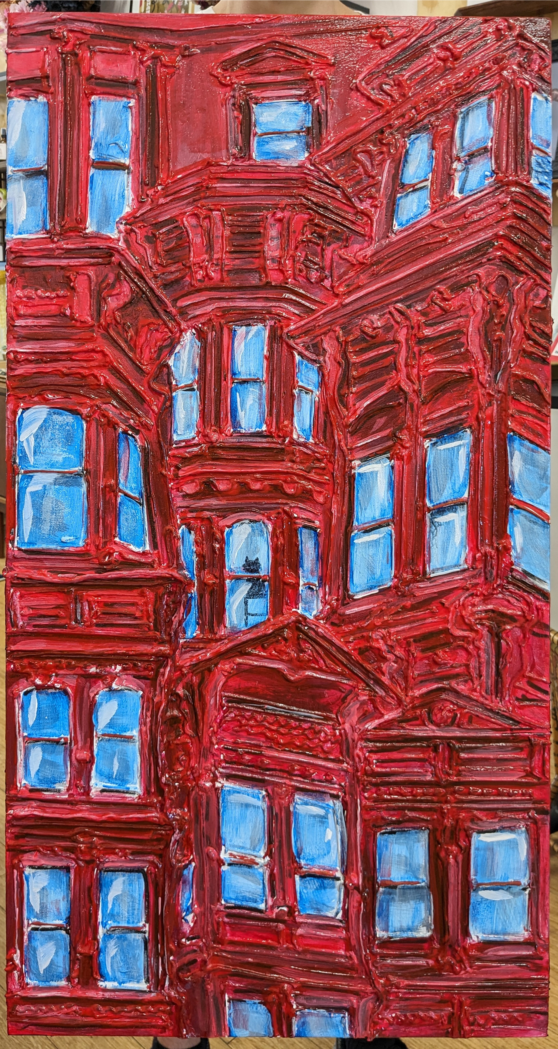 SOLD "Red Victorians", mixed media on canvas, 18x36in, 2024