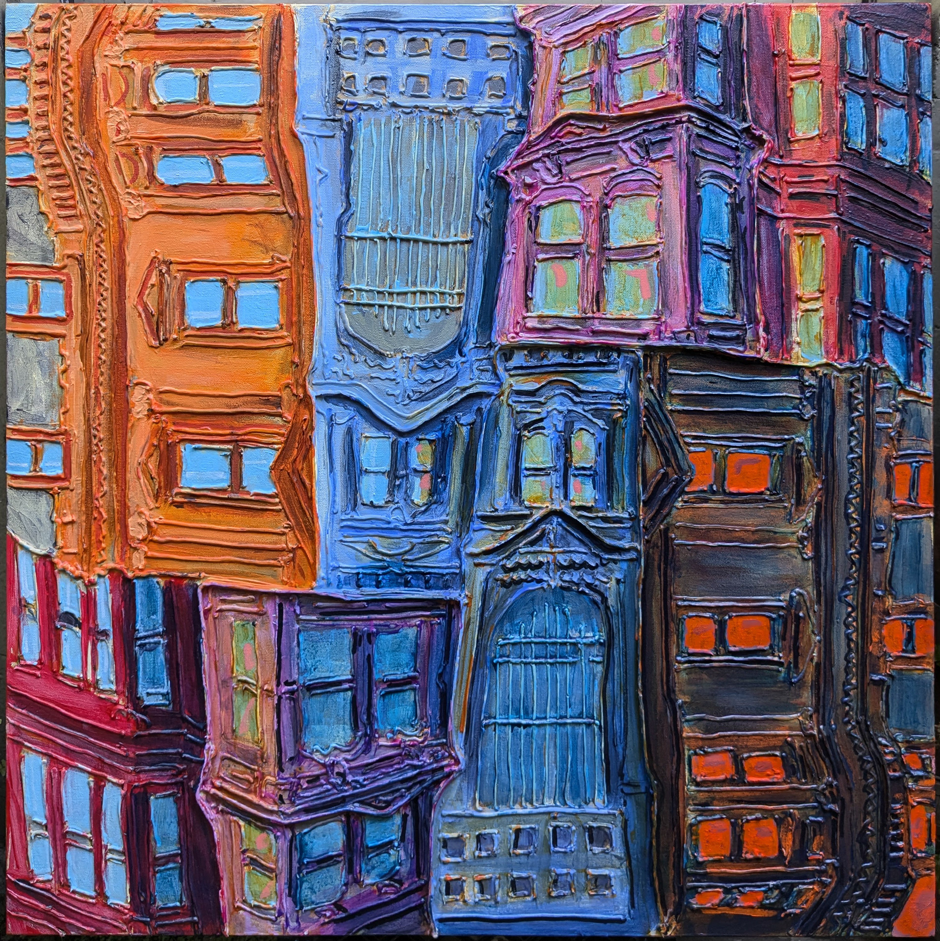 "Day/Night Cycle", Acrylic & mixed media on Canvas, 30x30", 2024