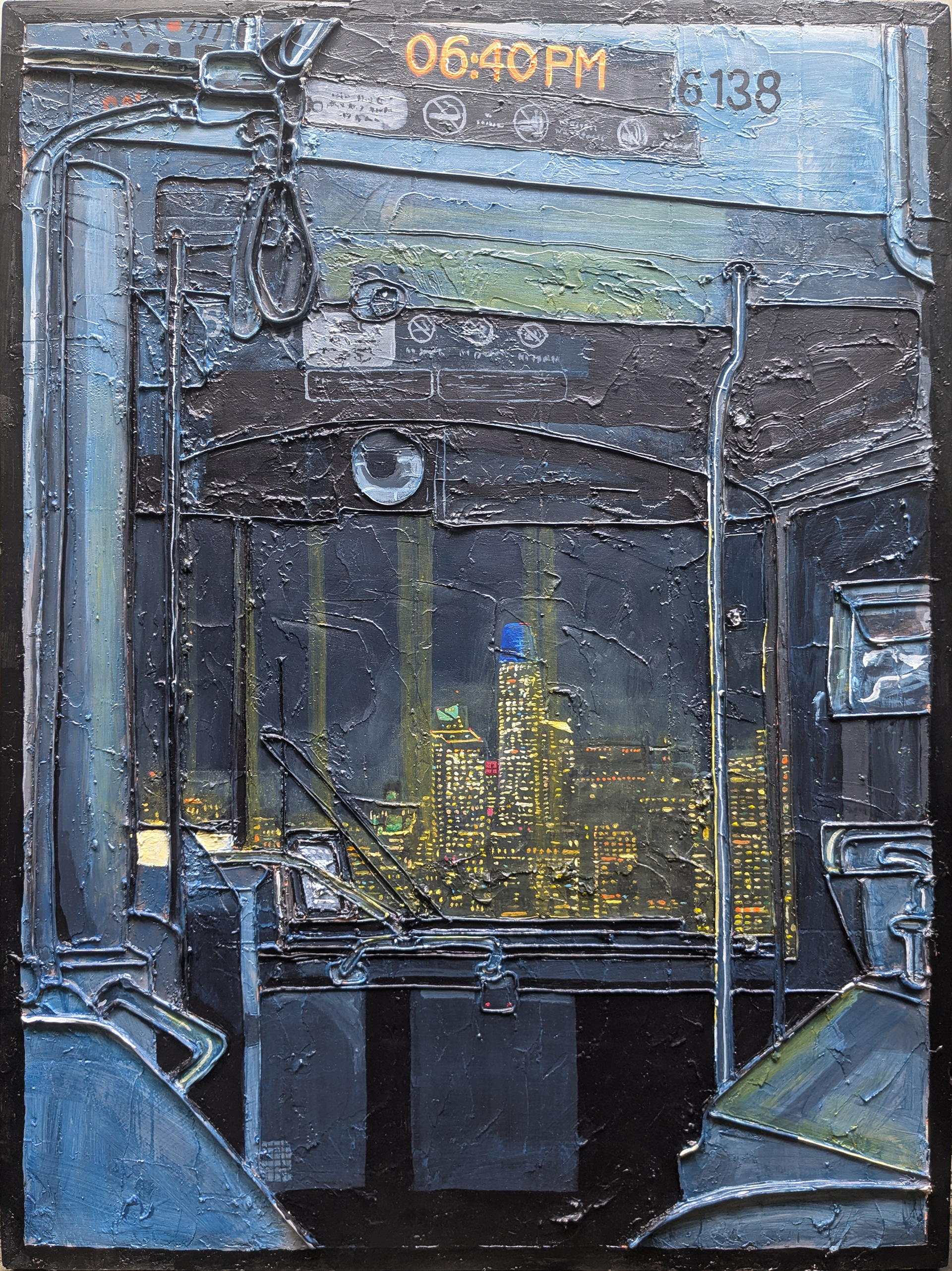 "F Bus on Bay Bridge", Acrylic and mixed media on wood, 23.5x31.5in, 2026