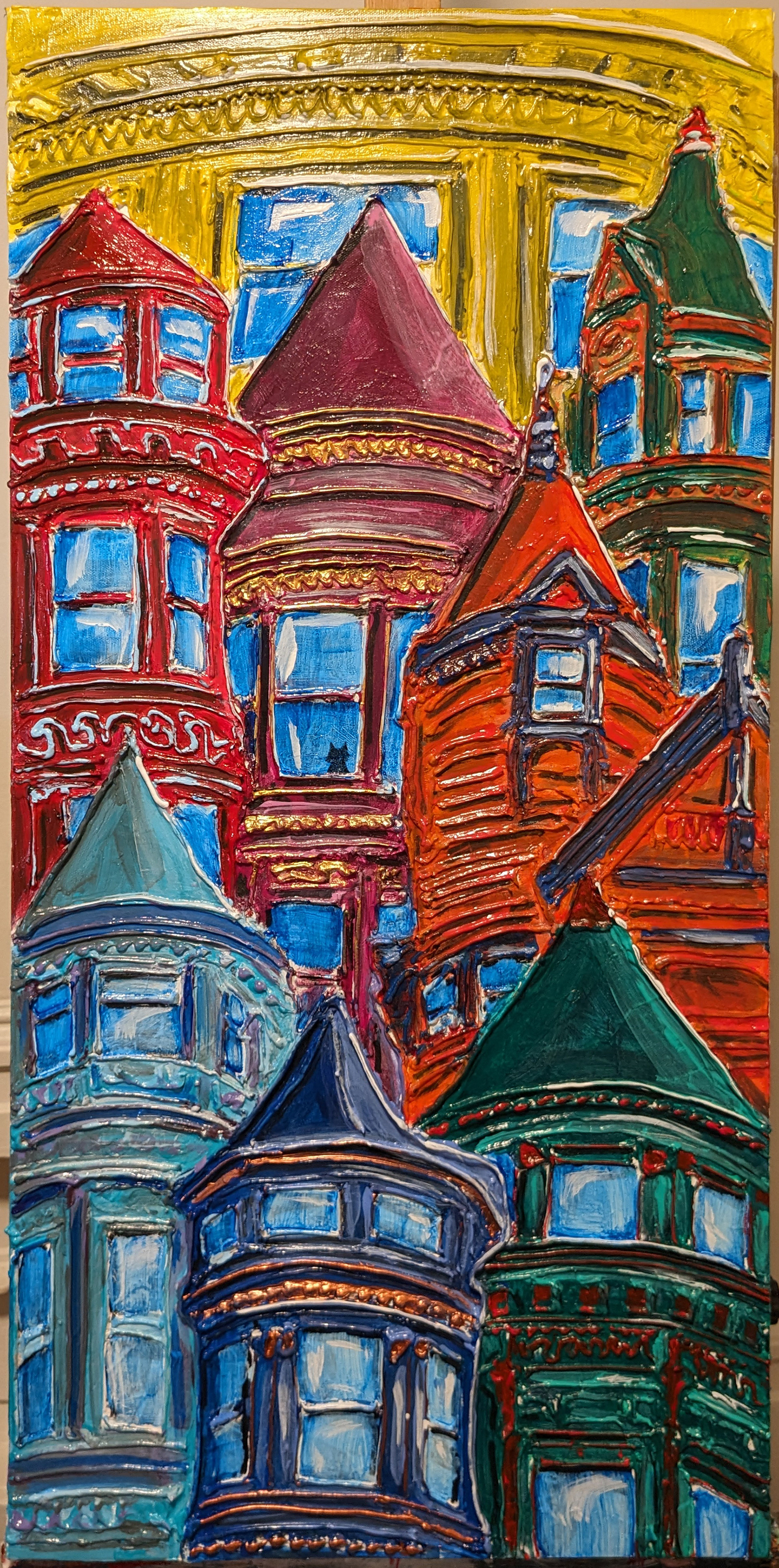 "Spires", mixed media on canvas, 18x36in, 2024