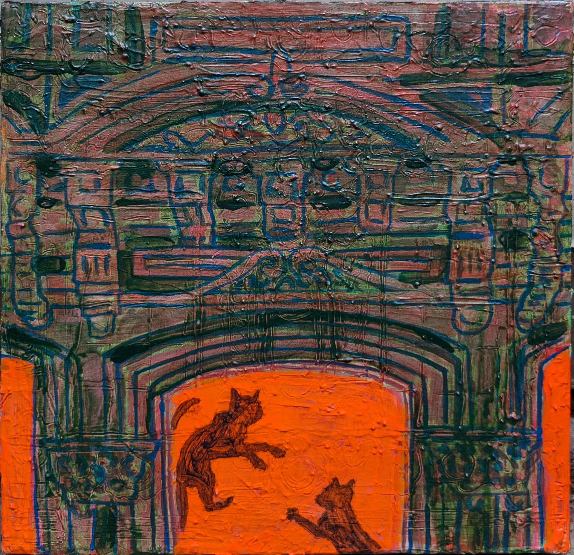 "Nighttime Skirmish", Acrylic and mixed media on canvas, 12x12in, 2024