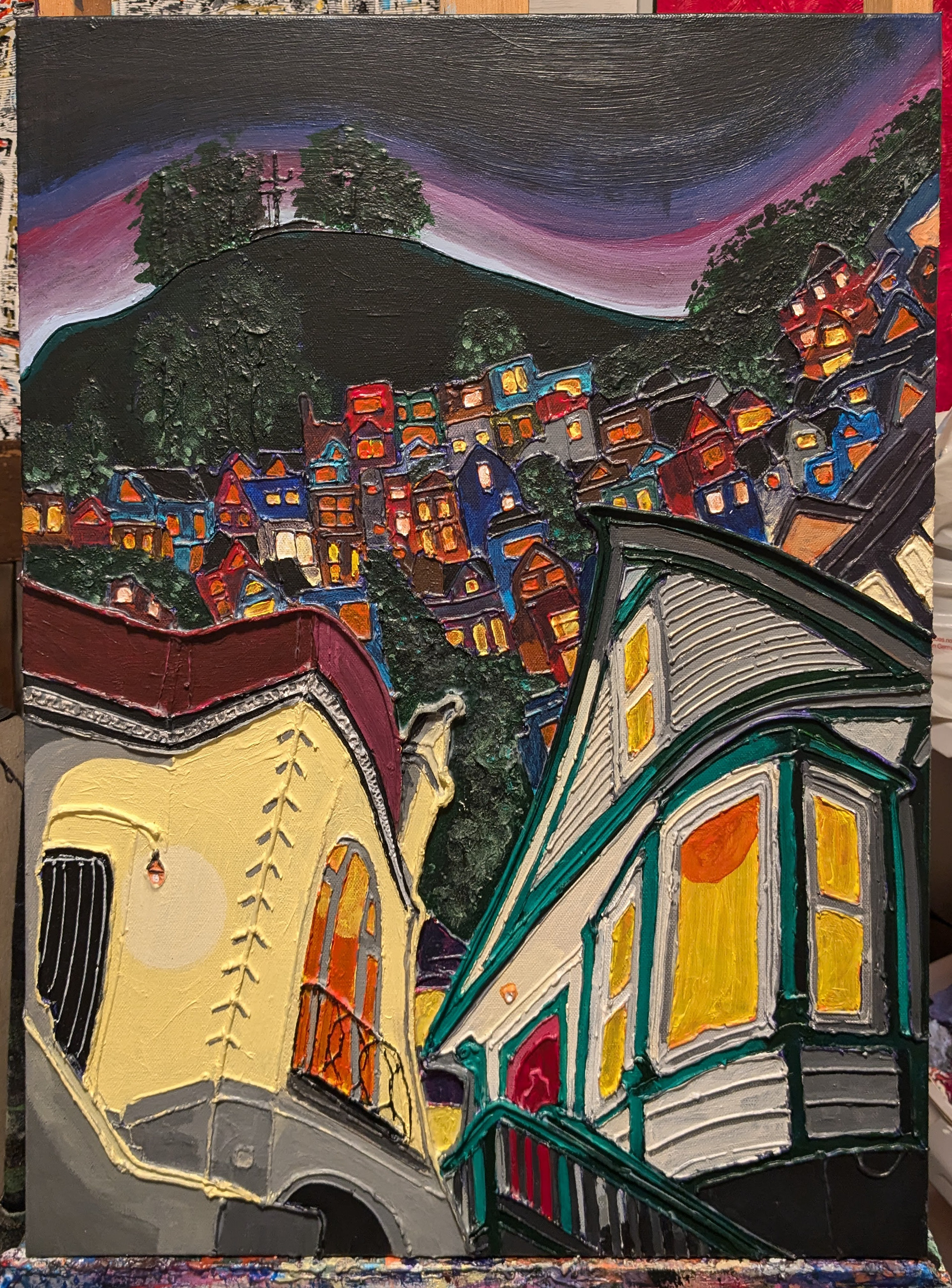 "Potrero Home", Acrylic & mixed media on canvas, 18x24in, 2024
