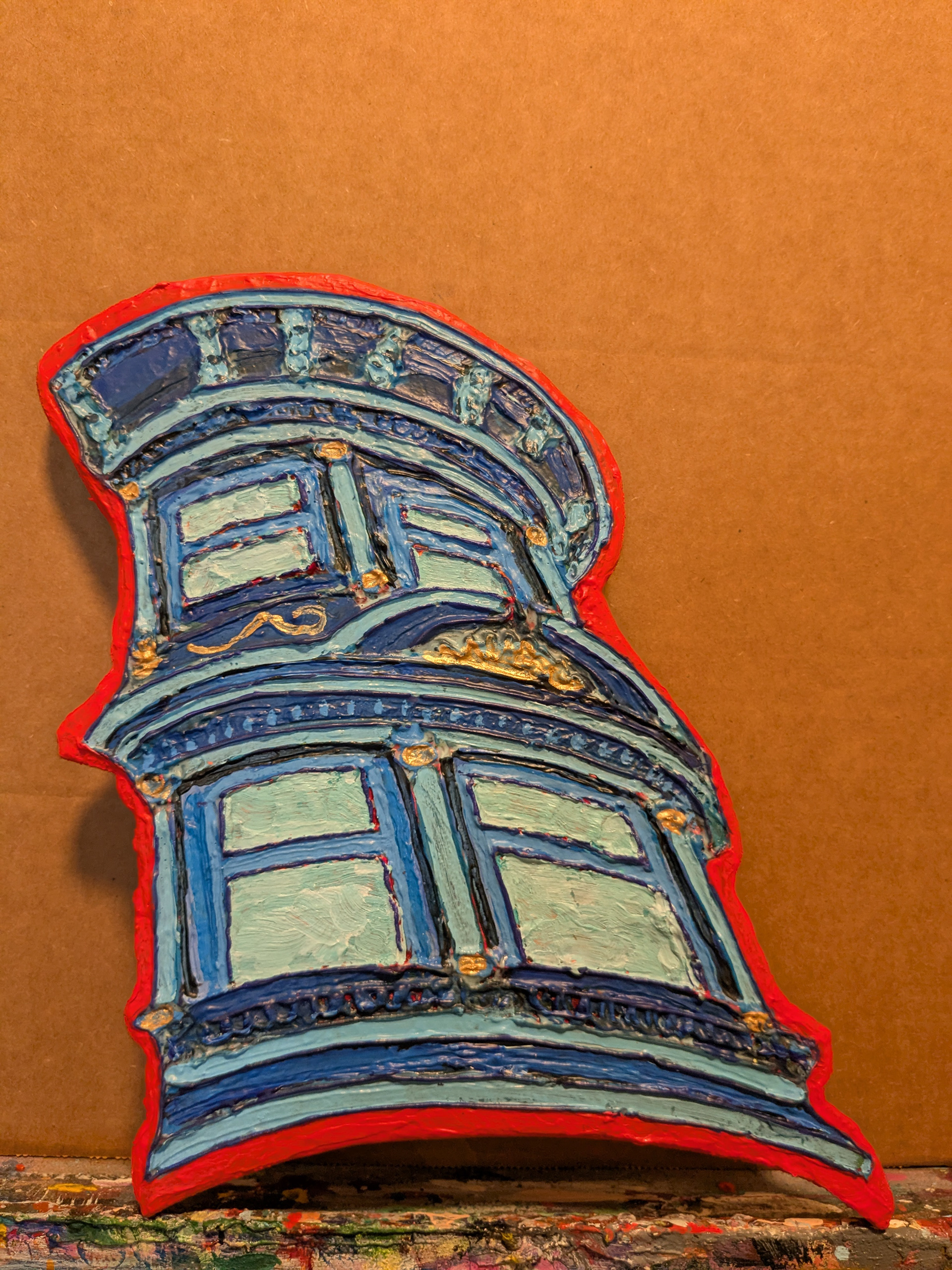 Little Blue Guy, Acrylic and mixed media on wood, 8x12in, 2025