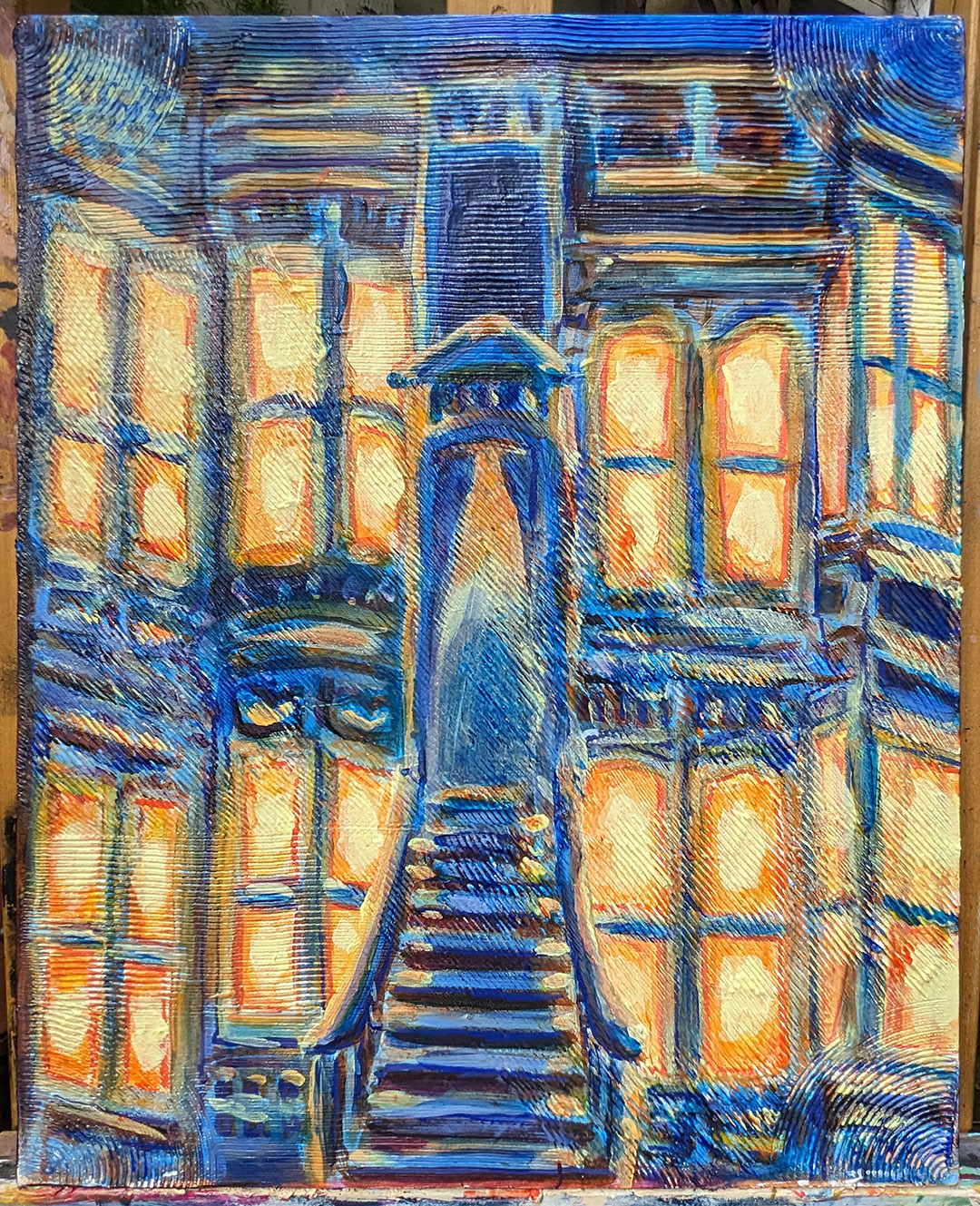 SOLD "Lights On", mixed media on canvas, 16x20, 2023