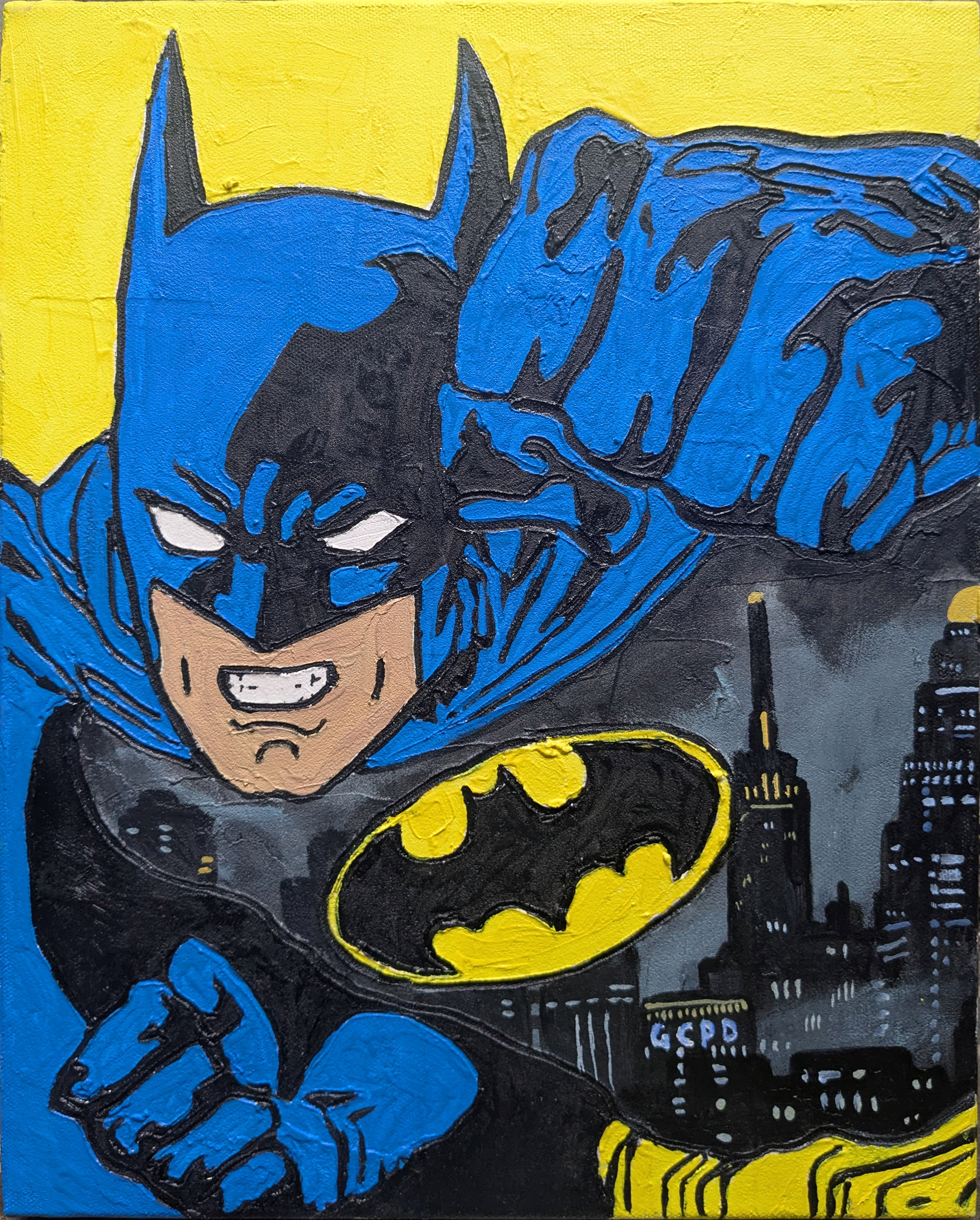 "Batman!", Acrylic & mixed media on canvas, 11x14, 2026