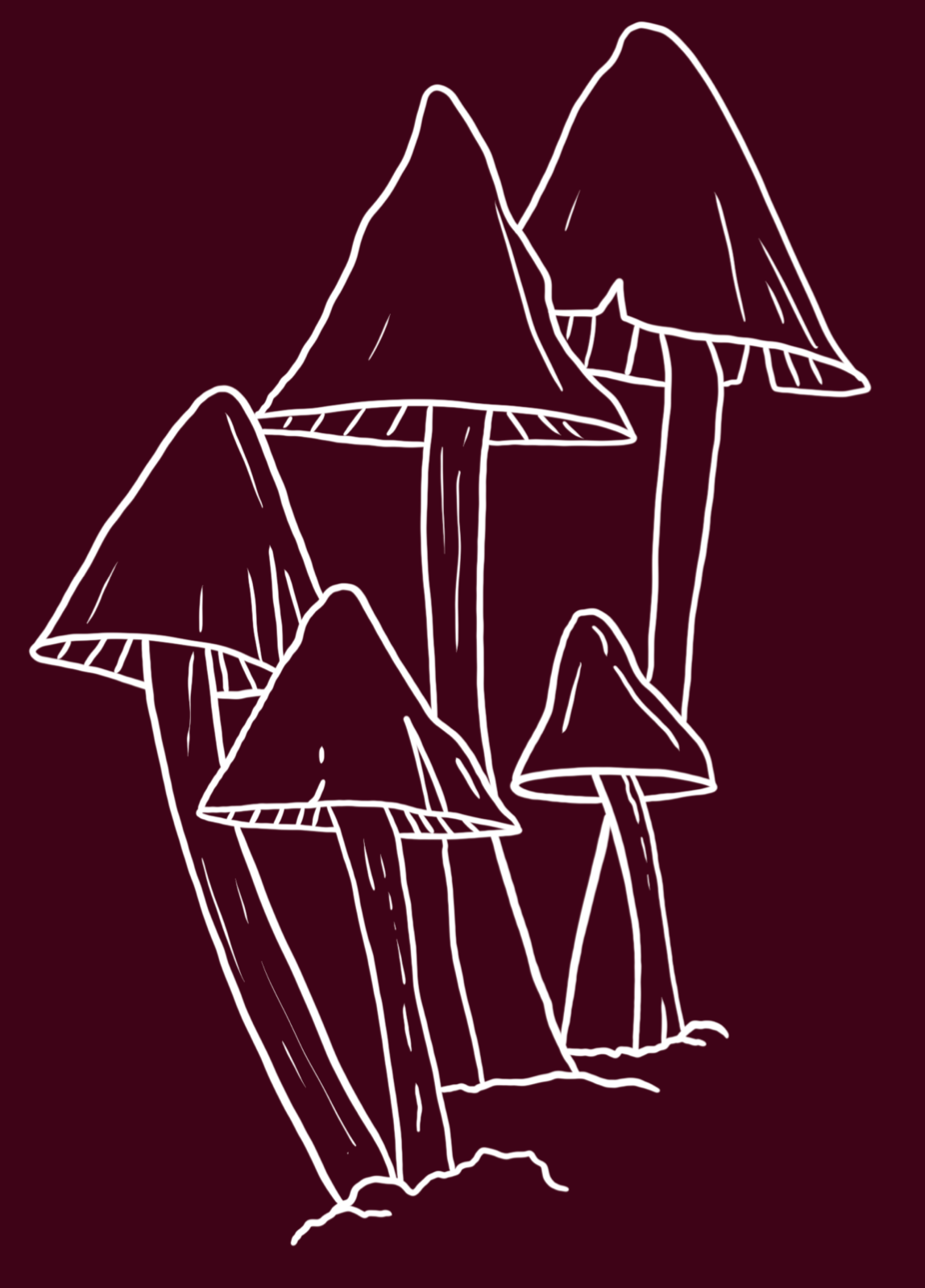 The line art in white of the previous image, also on a dark red background.