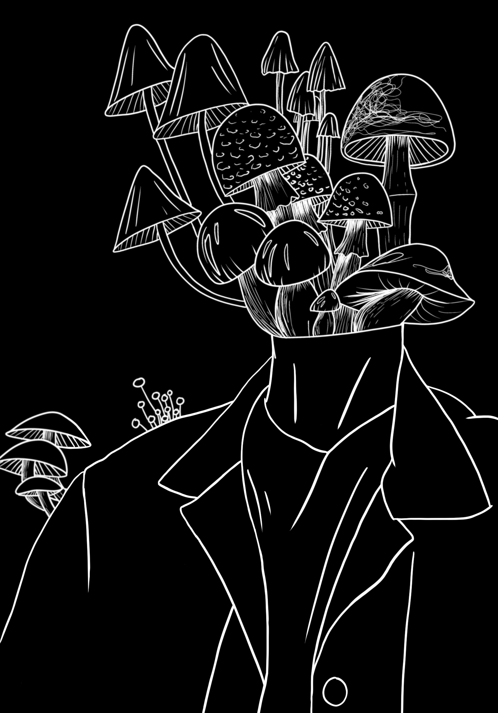 White line art on a black background showing a humanoid figure in a suit jacket with mushrooms growing in the place the head should be