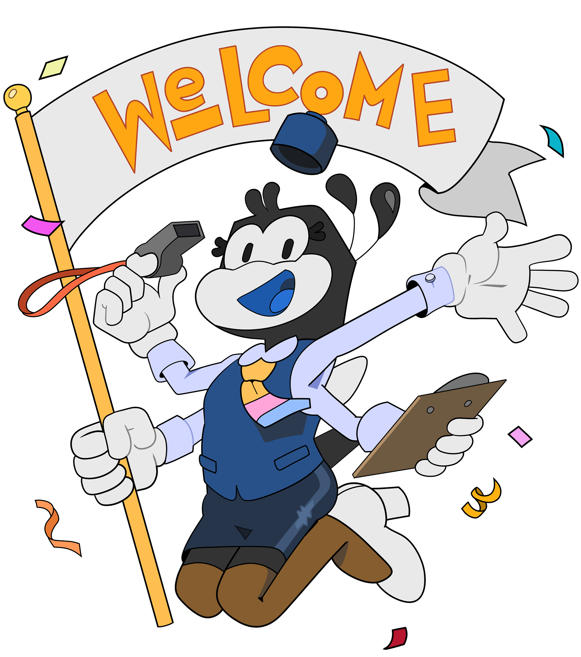 Quill the Bee in a tour guide outfit with a Welcome flag