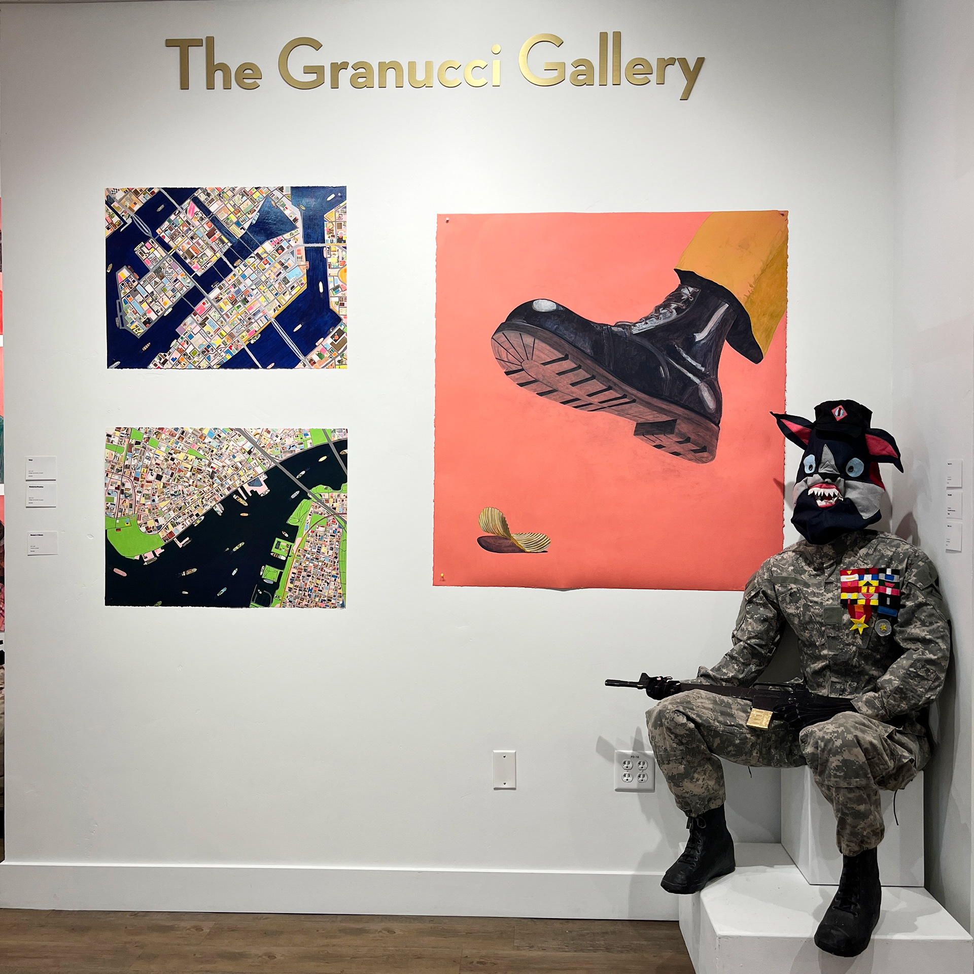 Acrylic on Printmaking Paper, Collage on Printmaking Paper, Life-Size Soldier- hand sewn head & hands, cast papier-mache boots