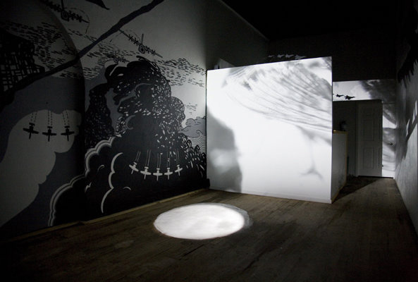 Tucson police helicopters with spotlights. Also air force jets overhead as they made their descent to the AFB. We replicated that with extremely loud audio of jets, helicopters and  silence.