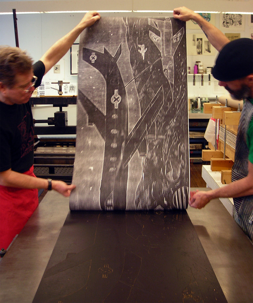 Anchor Graphics residency, Chicago, IL David Jones is helping me trouble shoot an issue I was having printing this woodcut