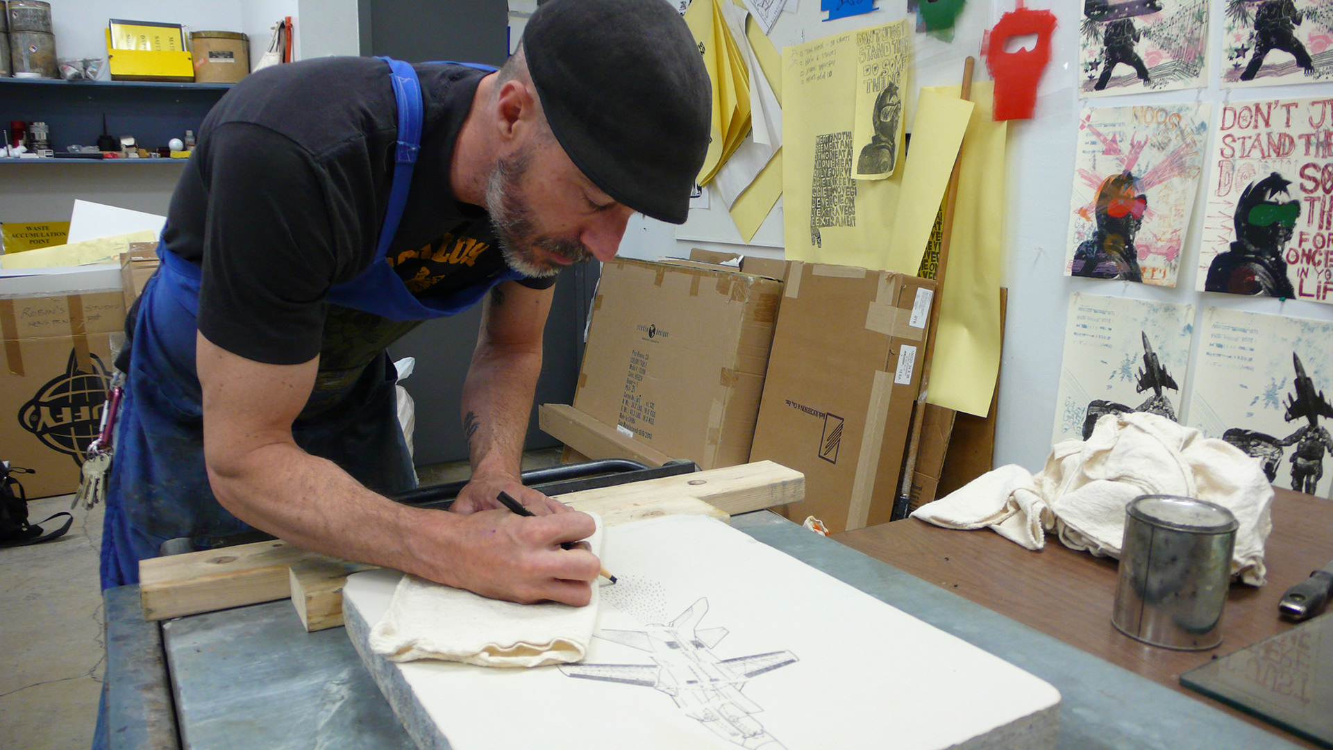 Working on a litho stone in my studio at New Mexico State University, Las Cruces, NM
