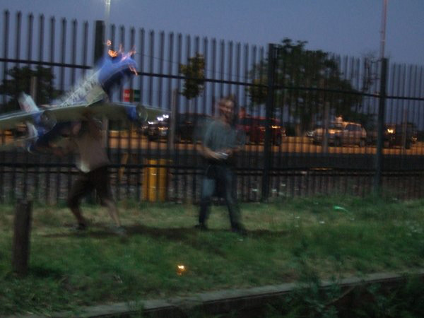 I wanted to see if the plane could fly so we set it on fire and launched it off of a pedestrian overpass in Rosario, Argentina