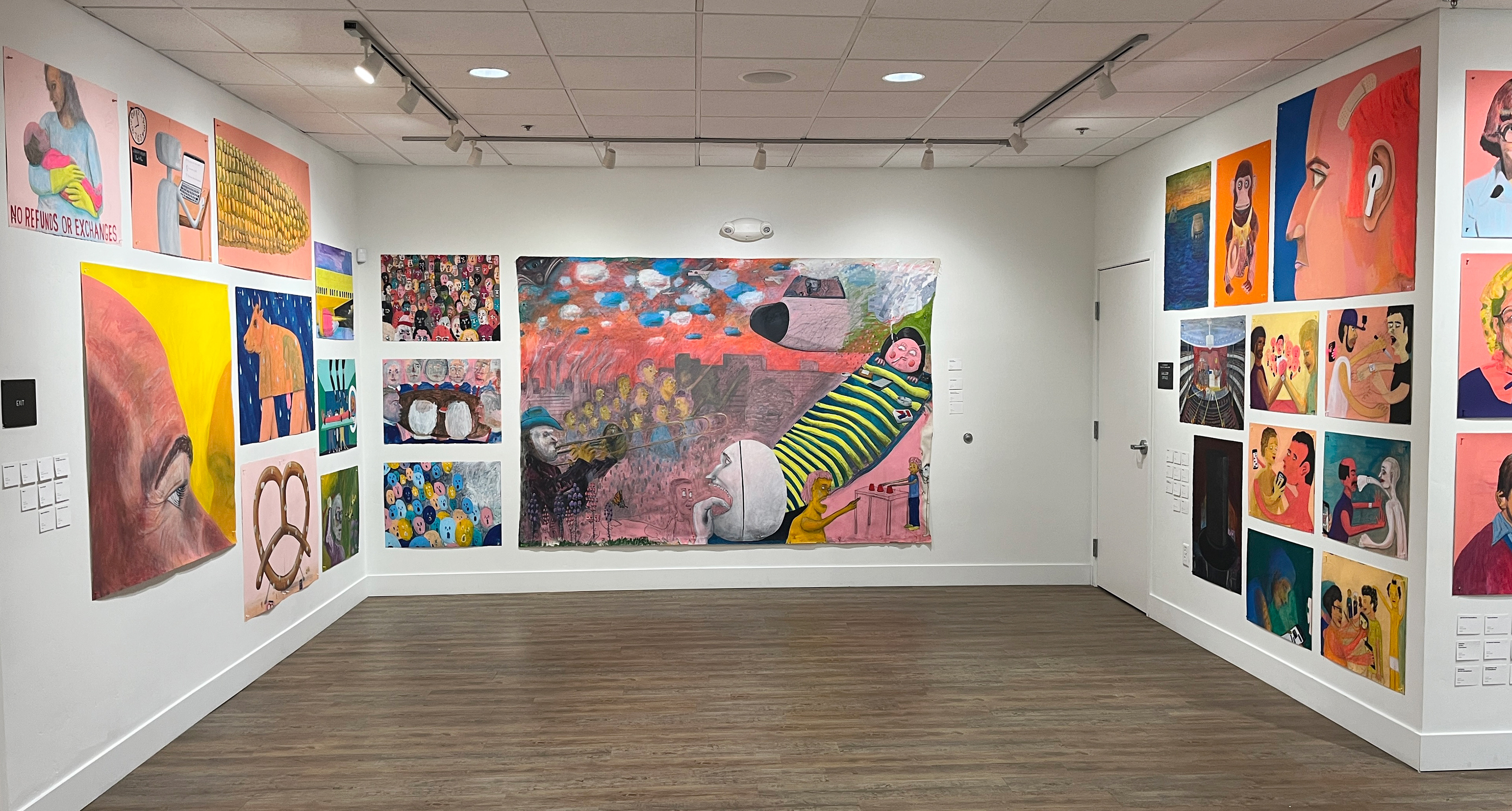 Acrylic on paper ( left and right walls) and Acrylic & Graphite on Canvas (6x9 ft. center)