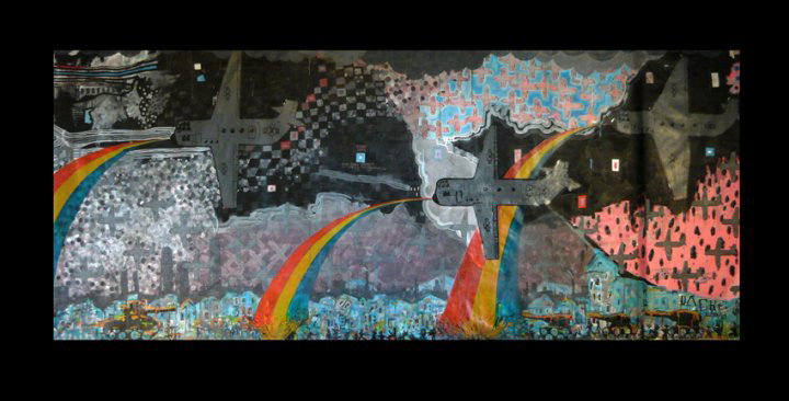 8 feet wide painting on duck cloth that gets mounted inside of bunker. Not meant to be viewed all at once.