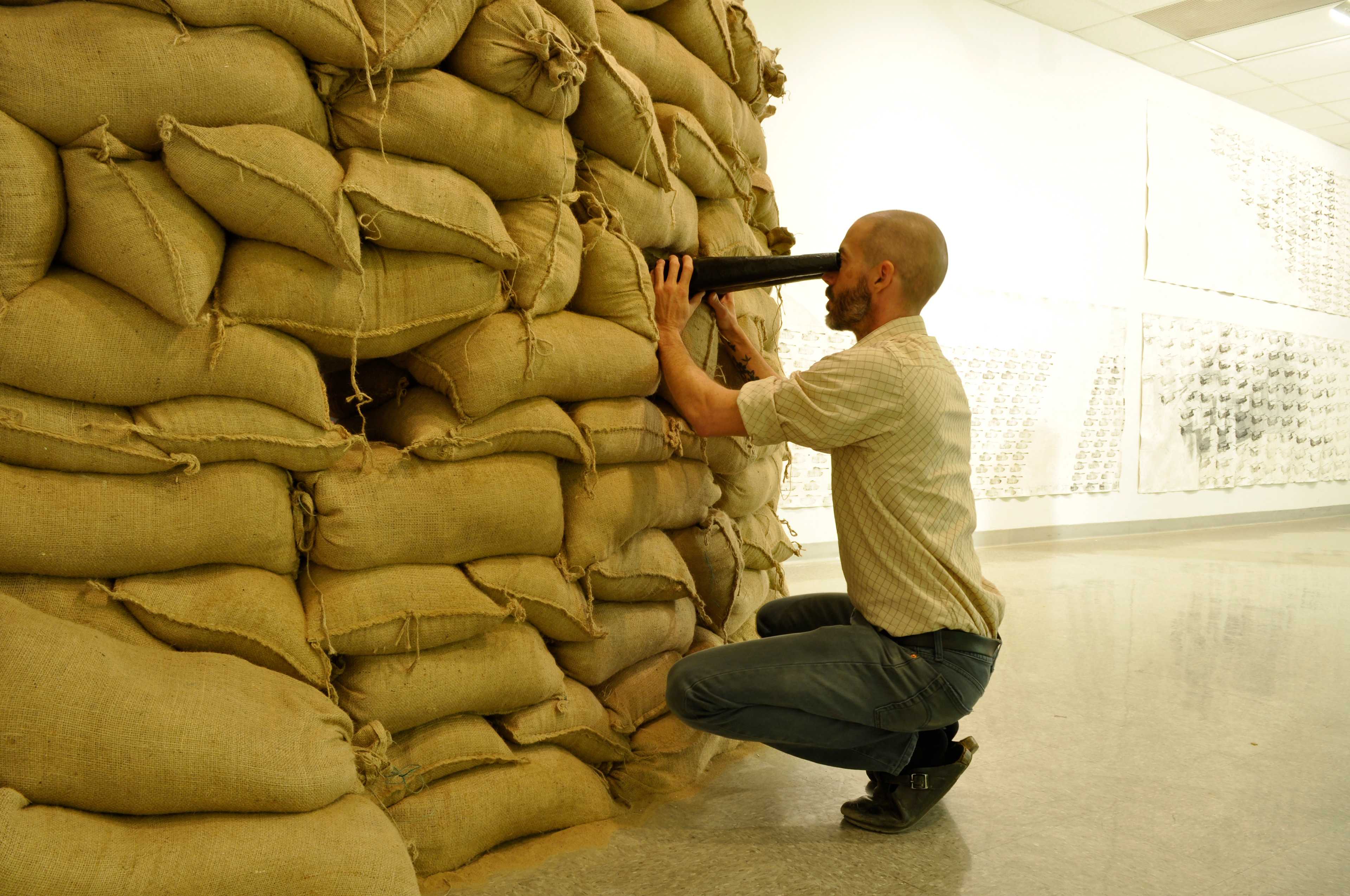Twice Removed, Ingham Chapman Gallery, University of New Mexico-Gallup, NM. 2-ton sandbag bunker with large painting mounted inside