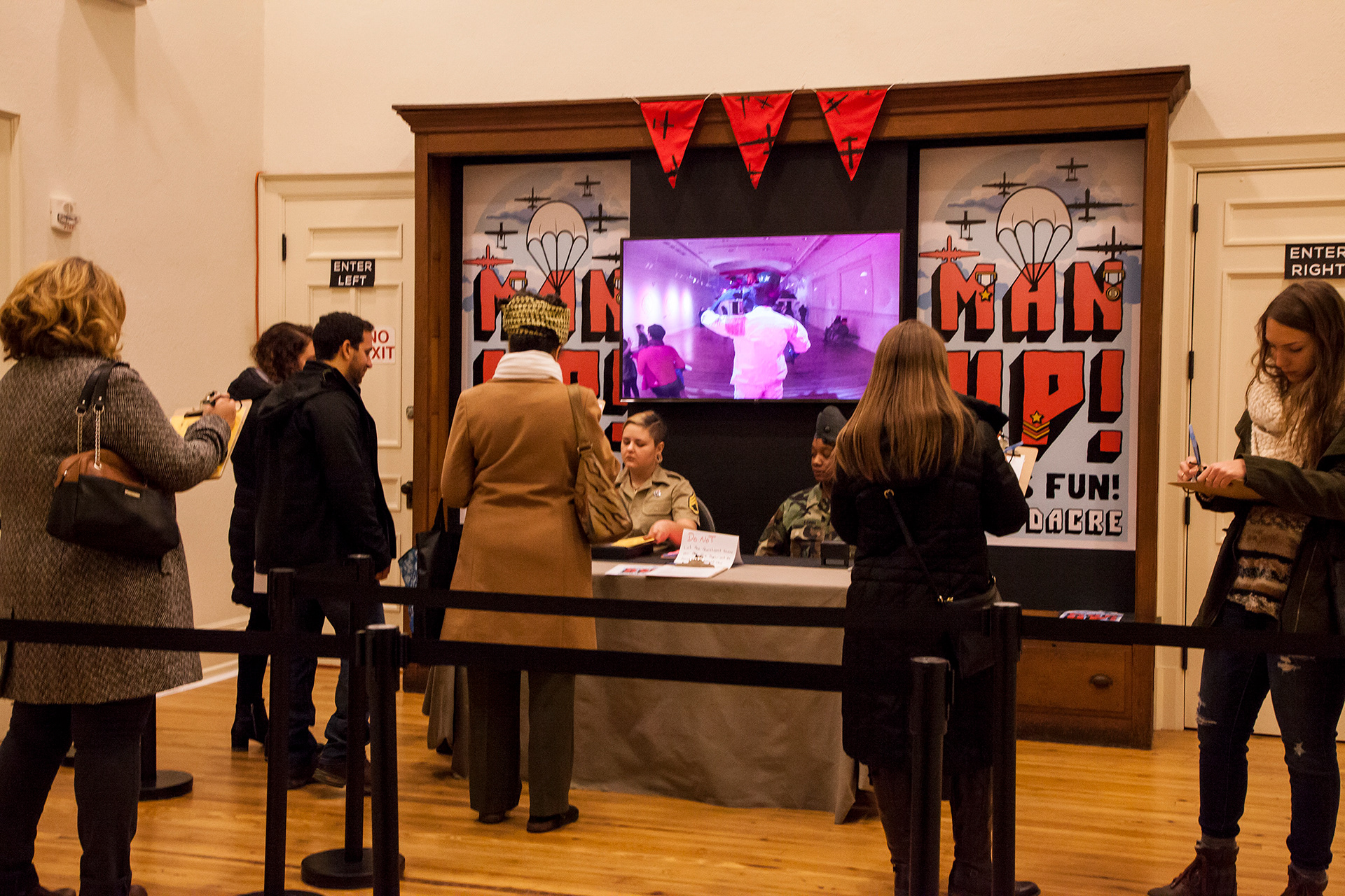 Entrance of Man Up! Visitors were handed a questionnaire that asked for pretty detailed info before entering the gallery. It was not mandatory but they were not told that by the student actors. It was surprising what kind of personal info people are willing to give away from their SSN to home addresses.