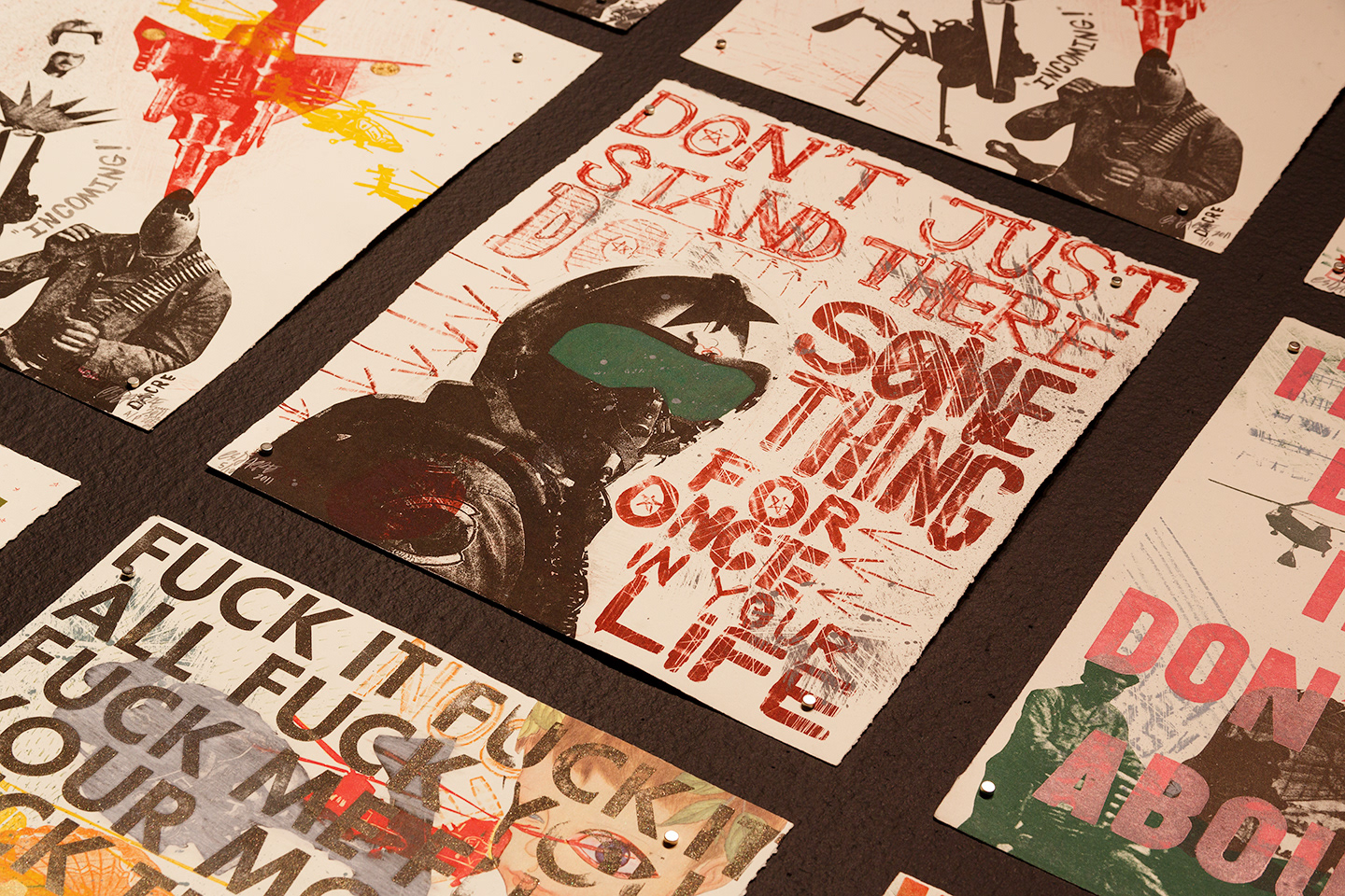 48 Mixed-media prints on paper. Stone lithograph, hand printed type set, linocut and collage