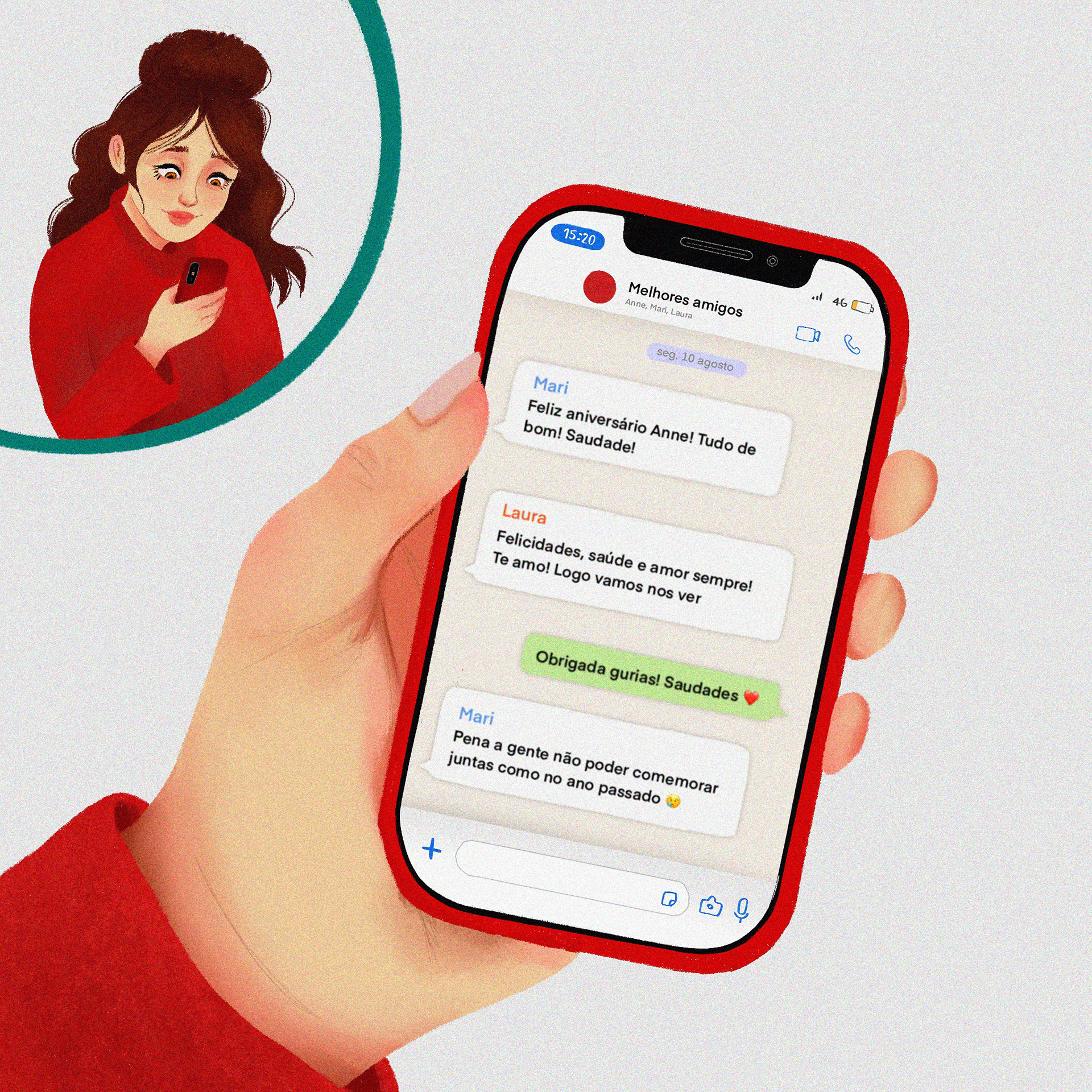 Anne sorri enquanto olha para seu celular. Suas amigas estão lhe desejando feliz aniversário.