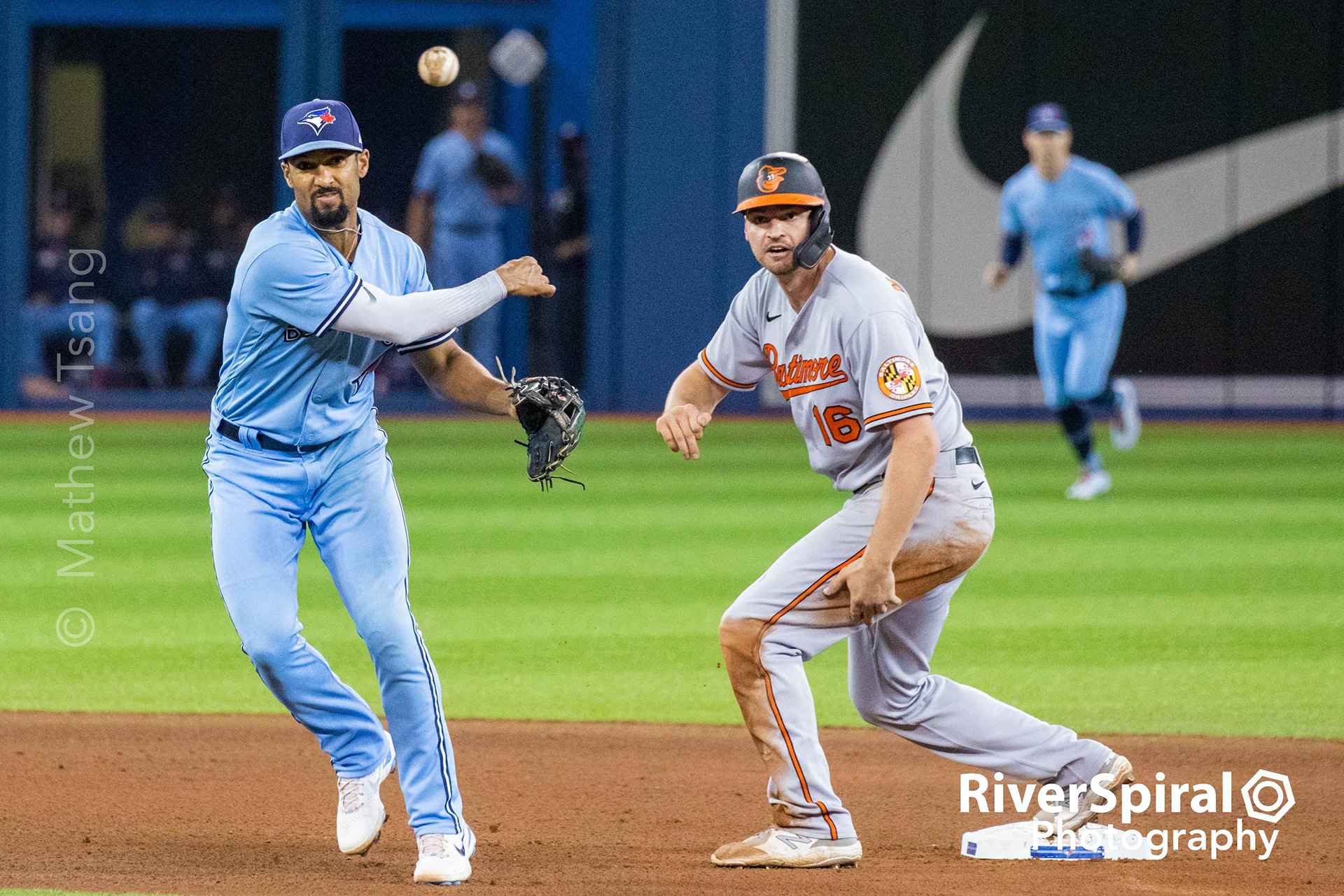 Toronto Blue Jays second baseman Marcus Semien (10) throws out Baltimore Orioles third baseman Kelvin Gutierrez (82) in the top of the 7th inning during MLB American League baseball action against the Baltimore Orioles, in Toronto. Sunday, Oct. 3, 2021