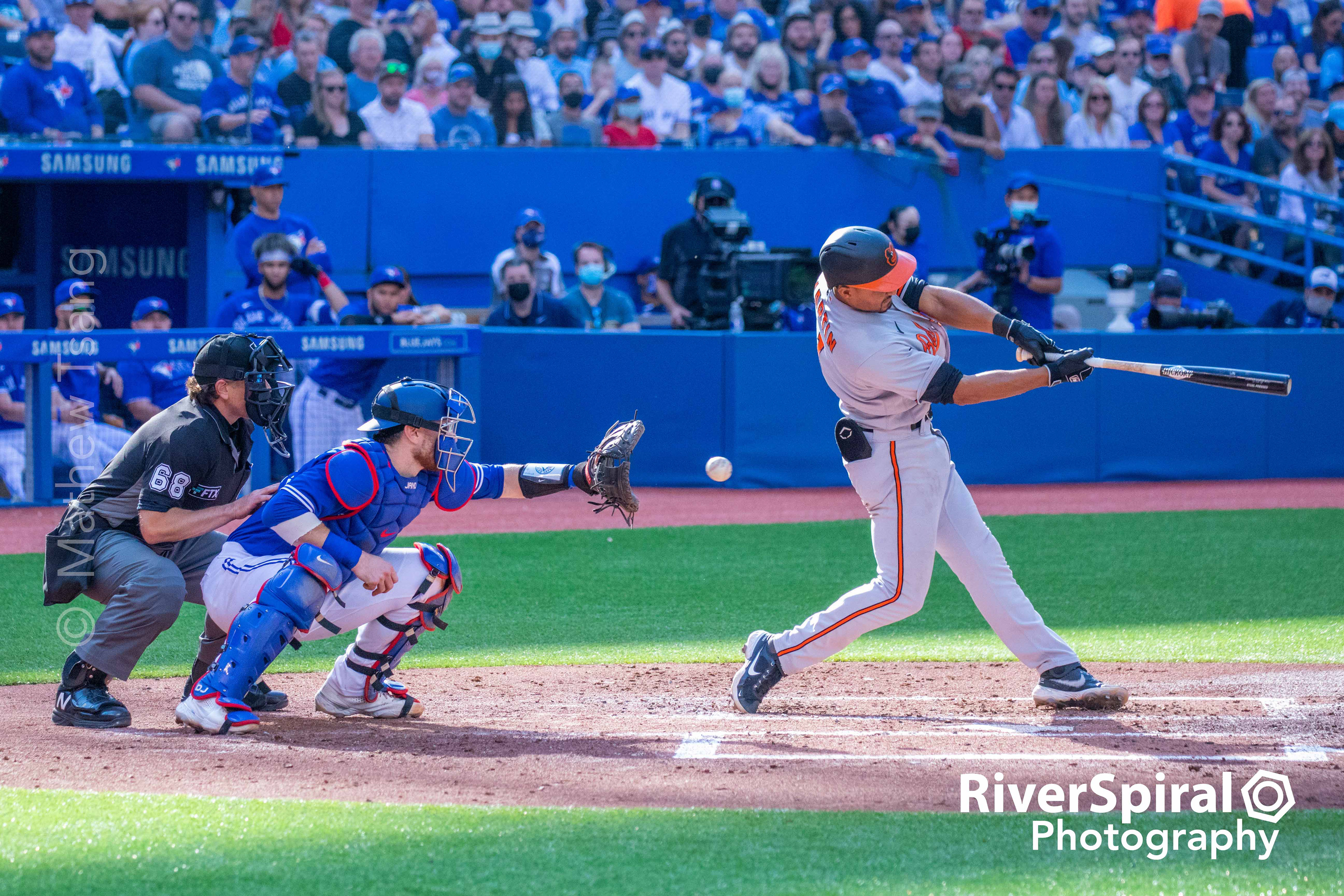 Baltimore Orioles shortstop Richie Martin swings through a pitch in MLB American League baseball action against the Toronto Blue Jays, in Toronto. Saturday, Oct. 2, 2021