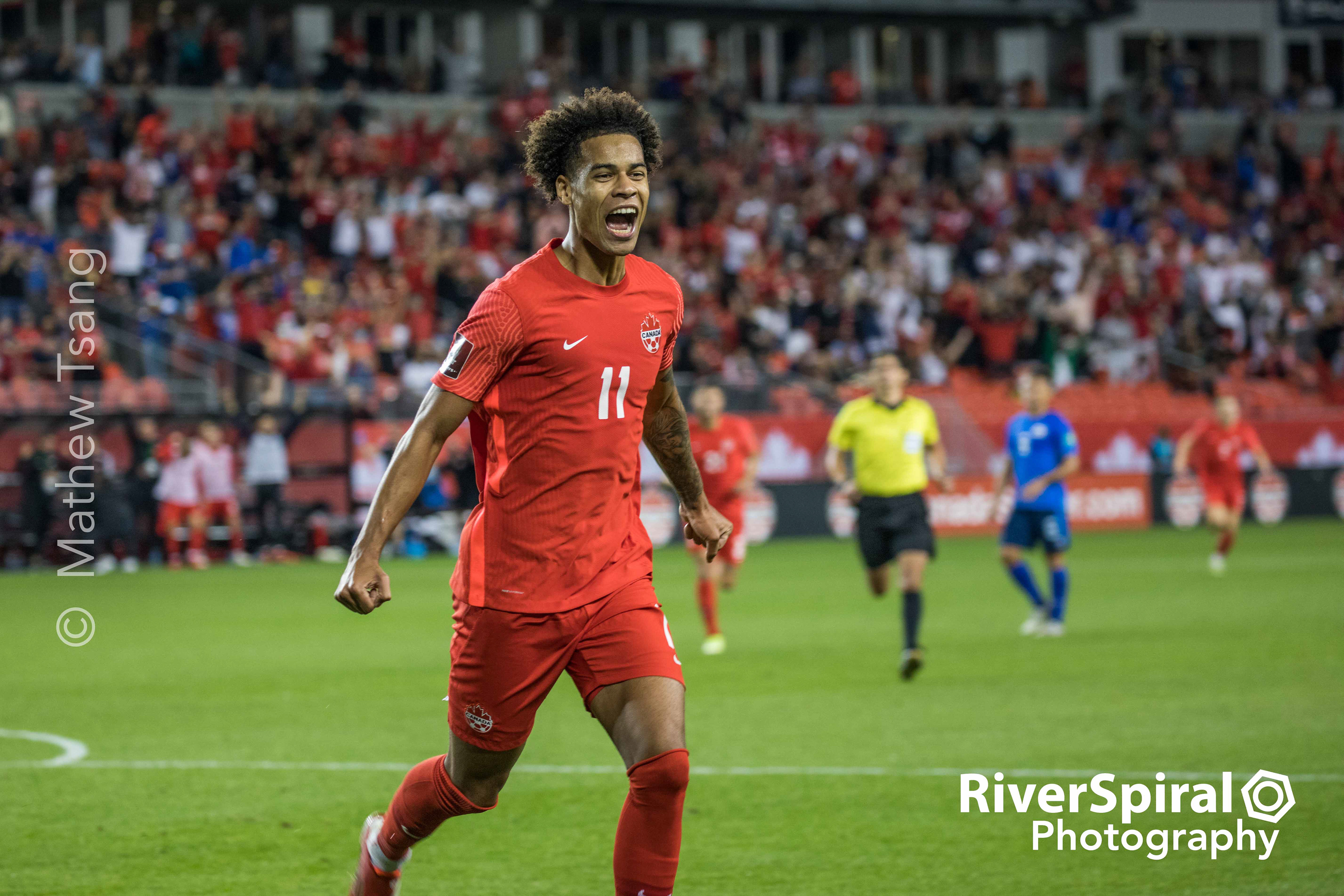 Team Canada Midfielder Tajon Buchanan (11) celebrates a goal.