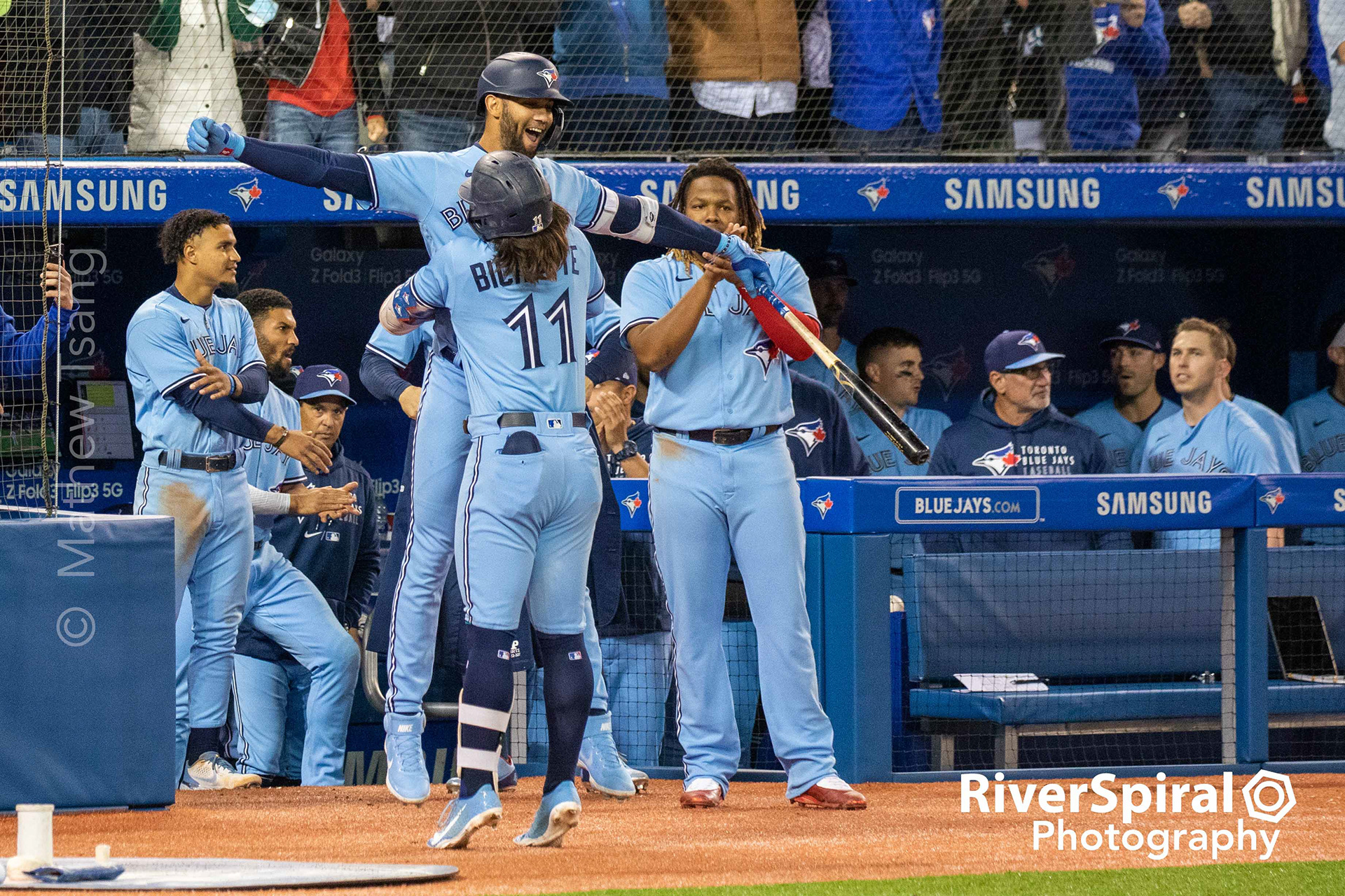 Toronto Blue Jays shortstop Bo Bichette (11) hugs and lifts teammate Lordes Gurriel Jr. (13) after a solo homerun in the bottom of the 8th inning. The Blue Jays defeat the New York Yankees 6-5 in Toronto. Wednesday, Sept. 29, 2021