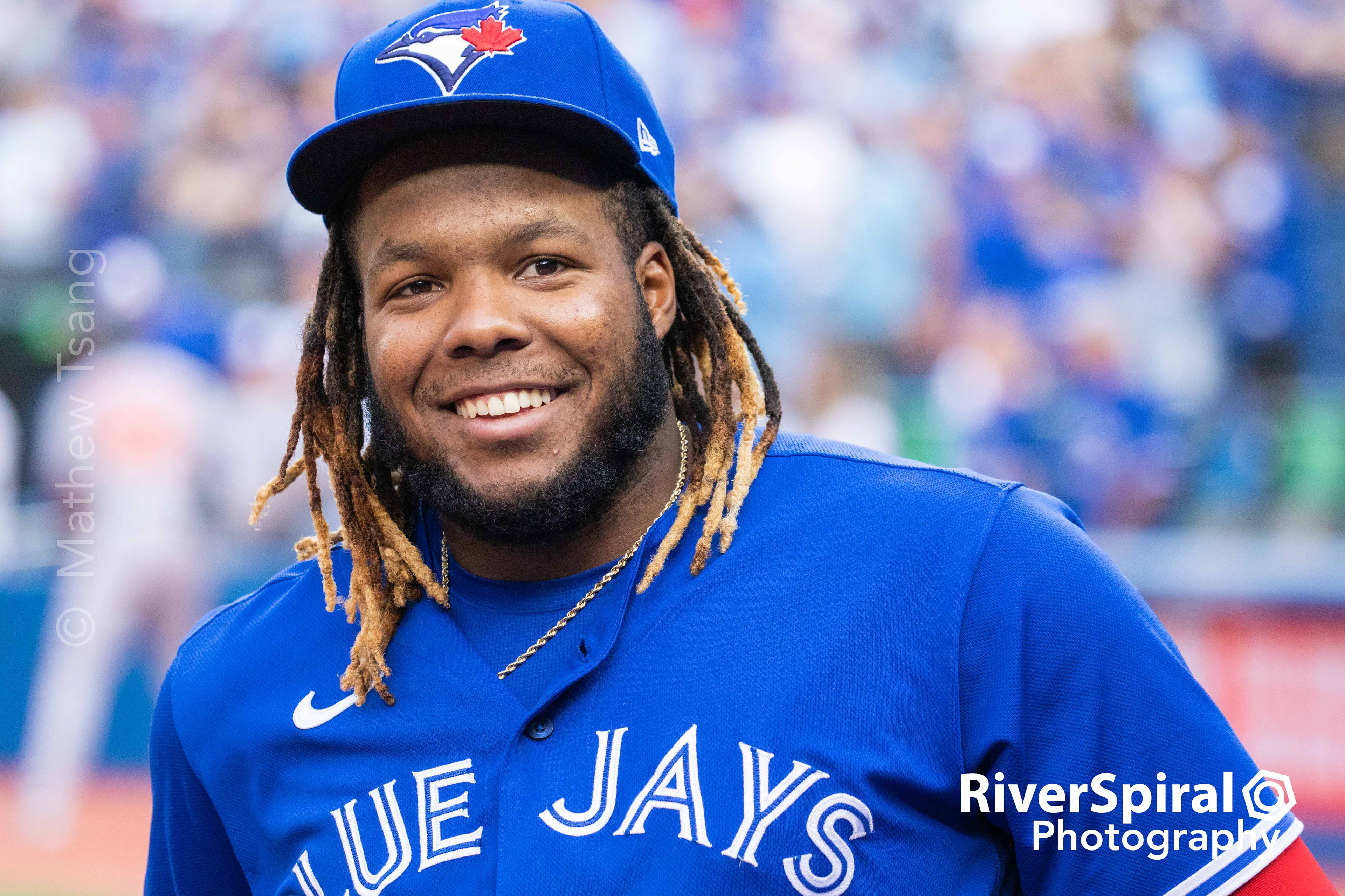 Toronto Blue Jays first baseman Vladimir Guerrero Jr. (27) smiles at fans from the dugout. The Blue Jays defeat the Baltimore Orioles 10-1 in Toronto. Saturday, Oct. 2, 2021