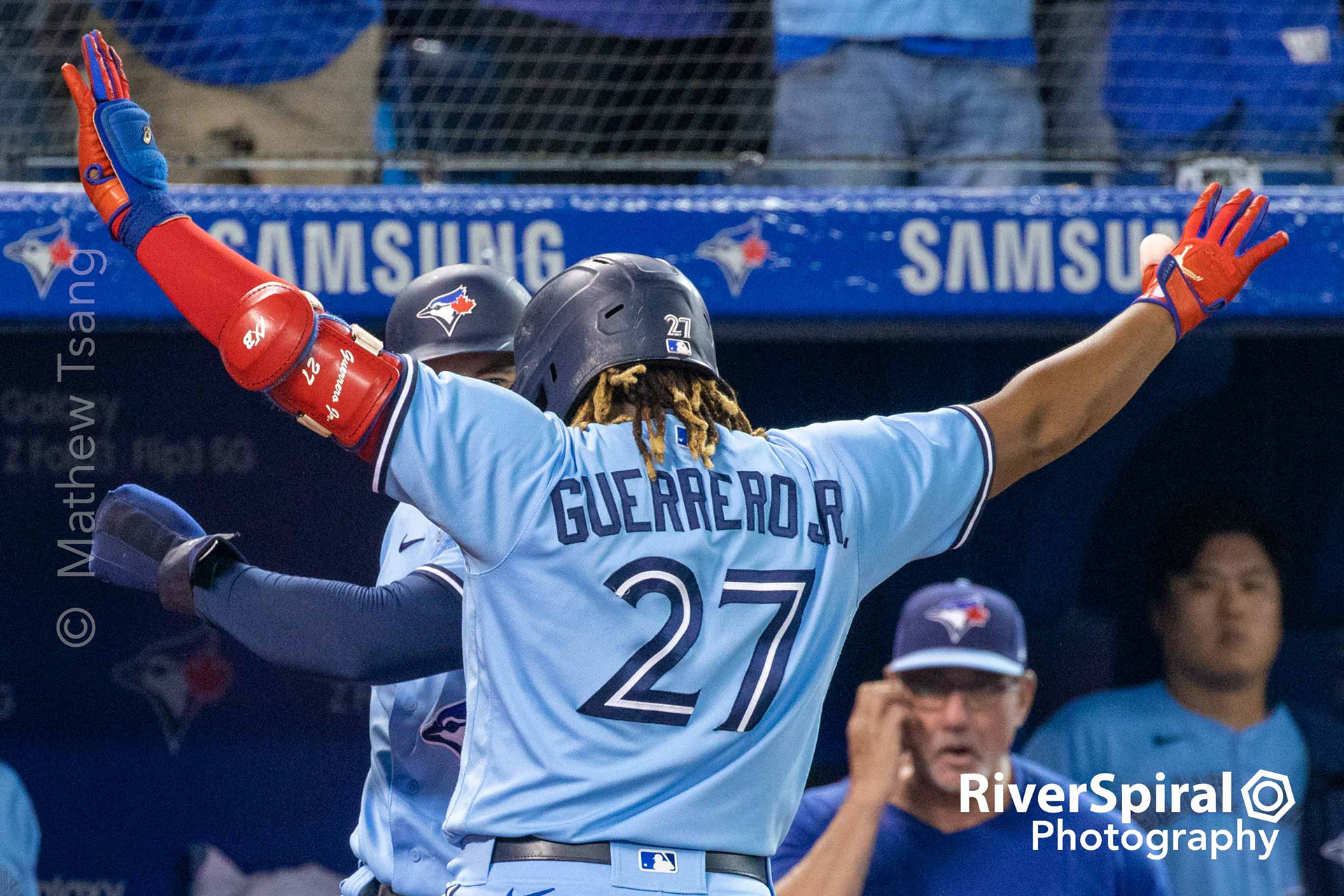 Toronto Blue Jays first baseman Vladimir Guerrero Jr. (27) celebrates a two-run homerun with center fielder George Springer (4) in the bottom of the 2nd inning. The Blue Jays defeat the Baltimore Orioles 12-4 in Toronto. Sunday, Oct. 3, 2021