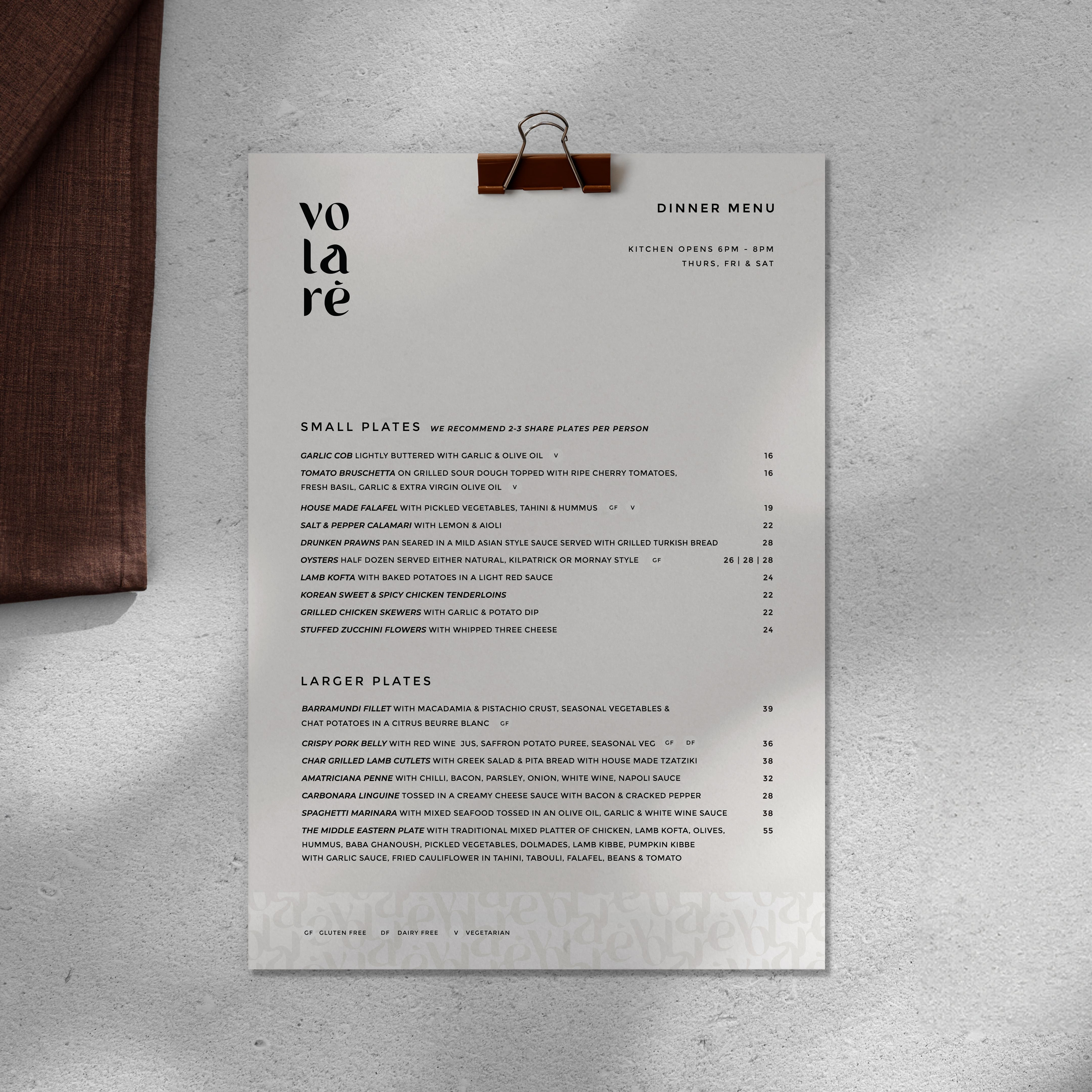 Menu Design for Volaré