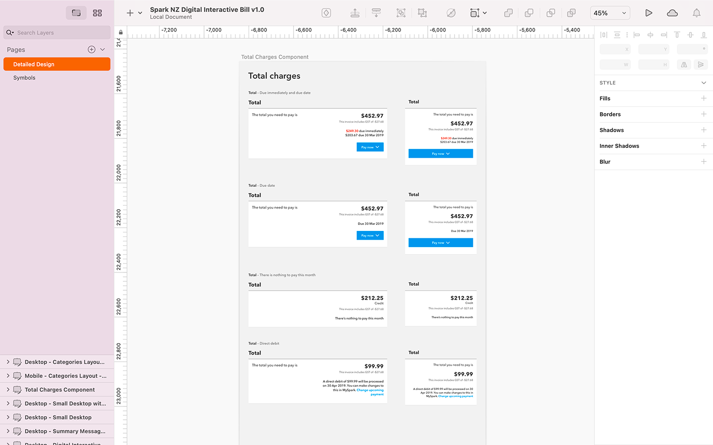 Spark Digital Interactive Bill Total charges component detailed design using the Sketch App